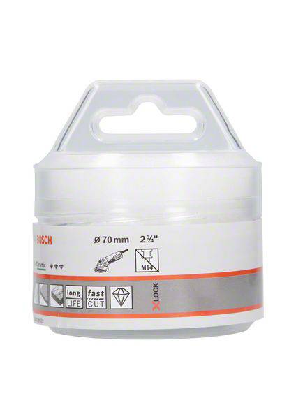 Runde Bosch-Schleifscheibe in transparenter Verpackung. Etikett zeigt '70 mm, M14', geeignet für Metallverarbeitung.