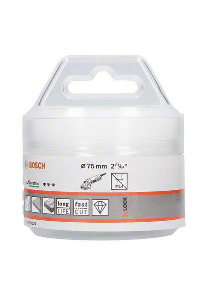 Verpackung einer Bosch X-Lock Diamanttrennscheibe, geeignet für Fliesen; Durchmesser 75 mm, langlebig und schnelles Schneiden.