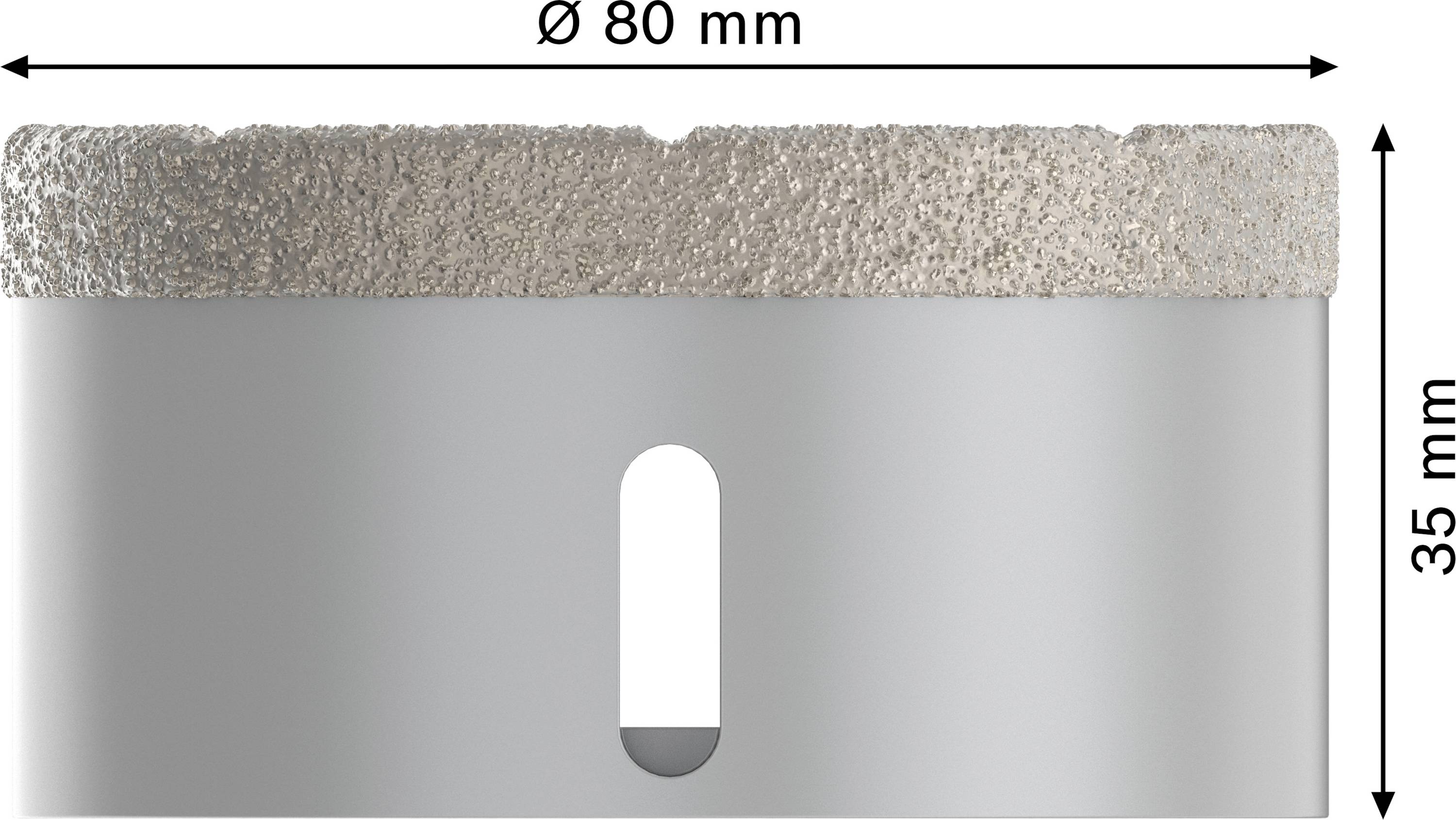 Zylinderförmiges Bohrwerkzeug mit Ø 80 mm und Höhe 35 mm, rauer Spitze zur Bearbeitung harter Materialien.