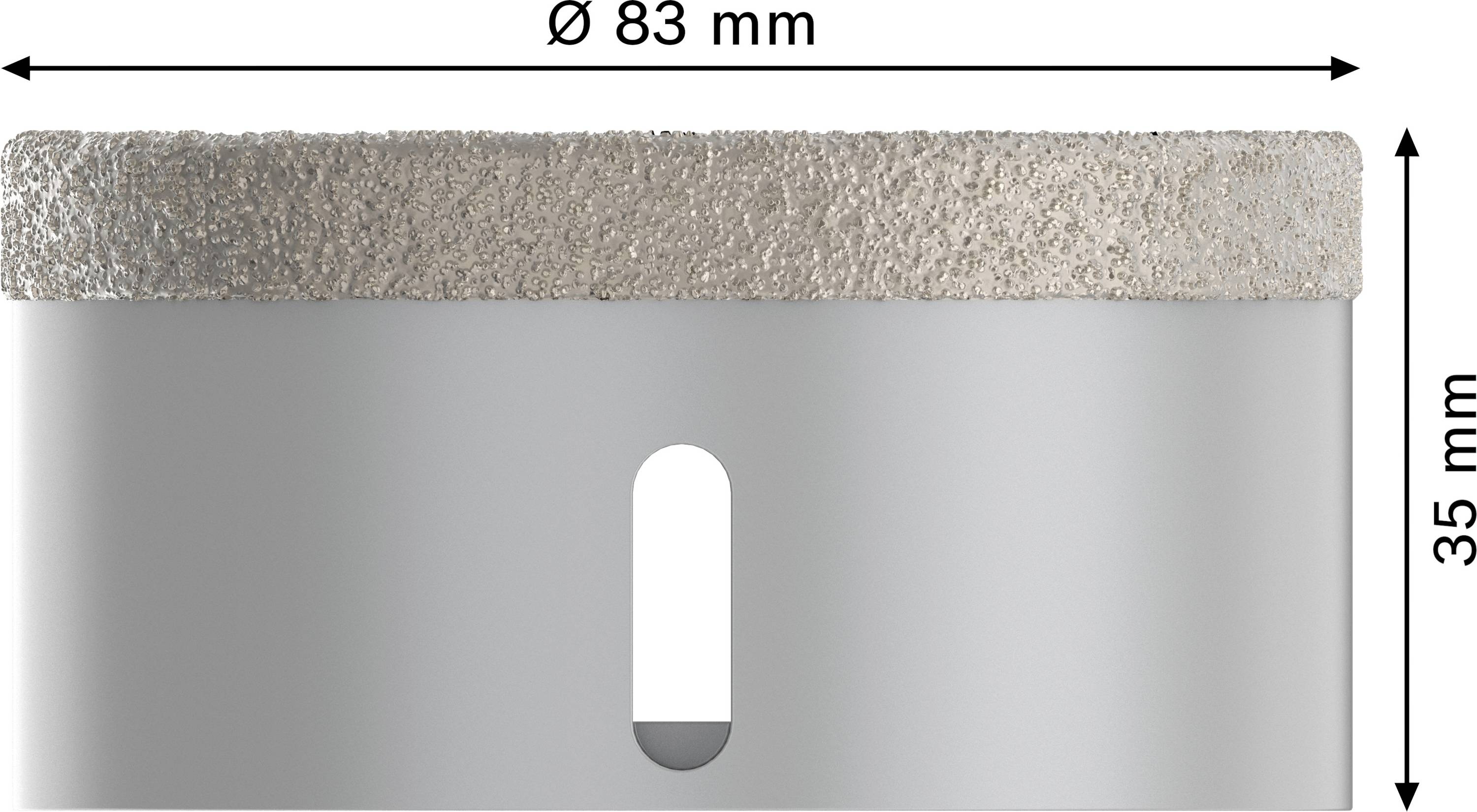 Zylindrisches Metallobjekt, Durchmesser 83 mm, Höhe 35 mm, zeigt seitlichen Schlitz und strukturierte Oberkante.