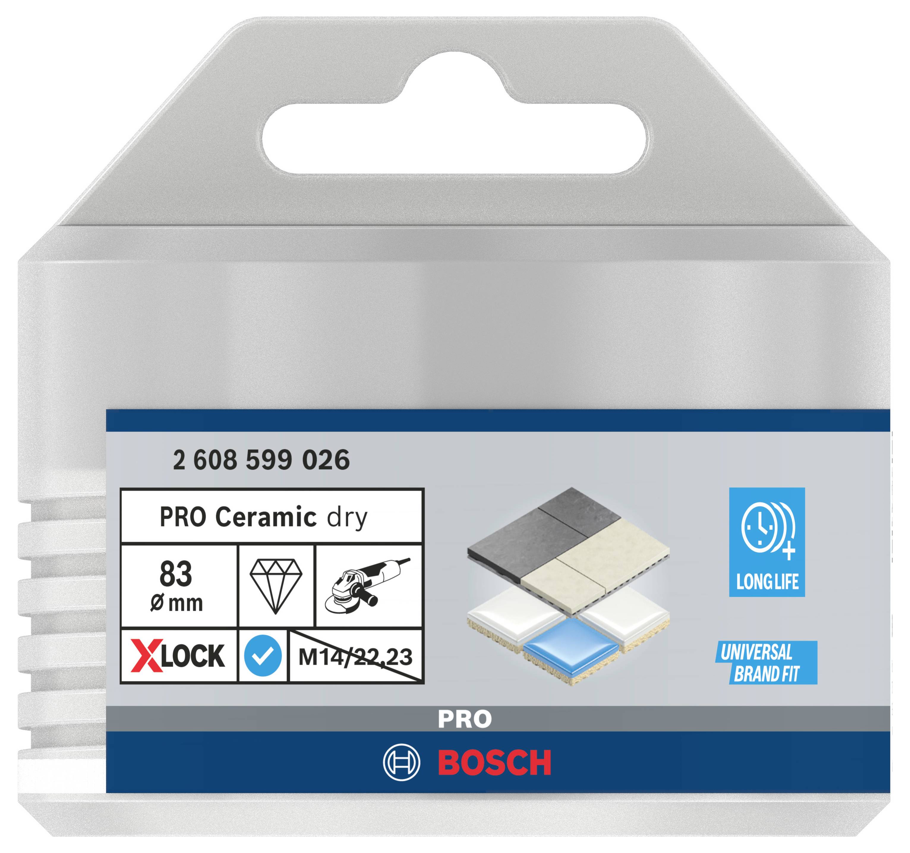 Eine Bosch-Verpackung für eine PRO Ceramic Trockenbohrkrone mit 83 mm Durchmesser. Hervorgehoben sind Langlebigkeit und universelle Passform.