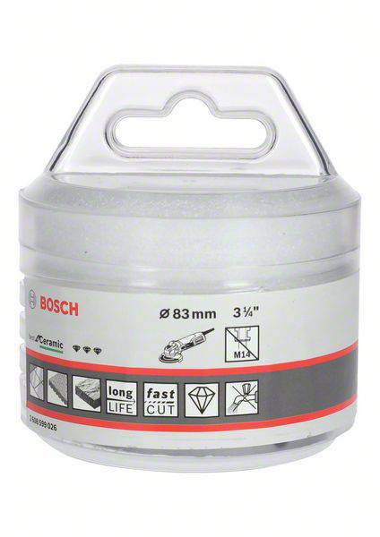 Verpackung eines Bosch Fliesenbohrers mit 83 mm Durchmesser, geeignet für anhaltende Leistung und schnellen Schnitt bei Keramikmaterial.