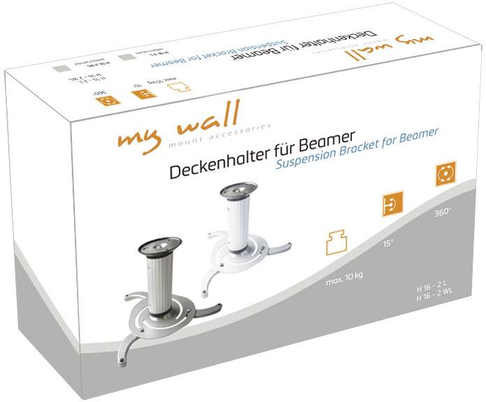 'Deckenhalter für Beamer, max. 10 kg' zeigt die Verpackung eines Projektorhalterungssets mit Montageoptionen und technischen Details.