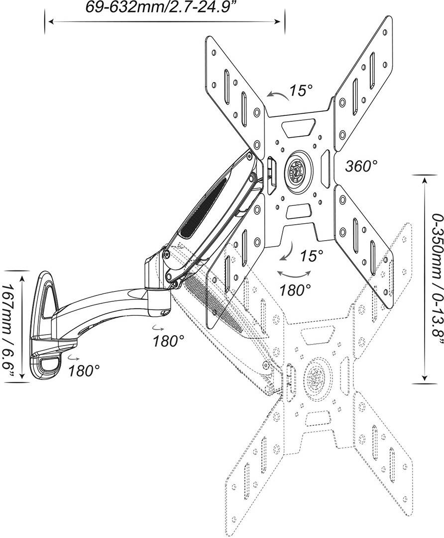 My Wall HL13-2L TV-Wandhalterung Gasdruck-Technik, Neigbar, Schwenkbar, Variabler Wandabstand 94,0cm (37") - 127,0cm (50")