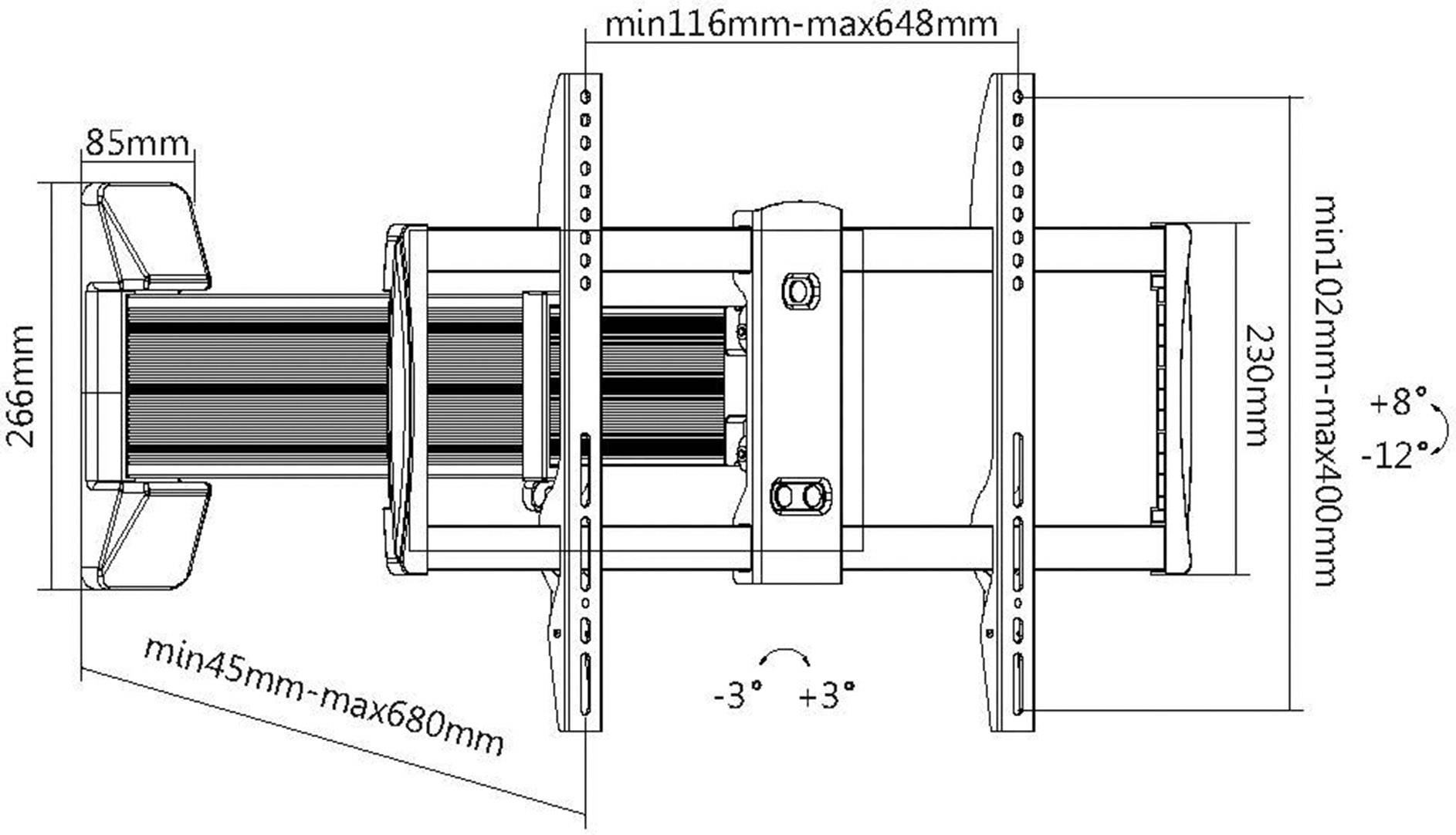 Technische Zeichnung einer Projektorhalterung mit verstellbaren Abmessungen. Maße: Breite 266mm, Höhe 230mm, verstellbare Tiefe 116-648mm.