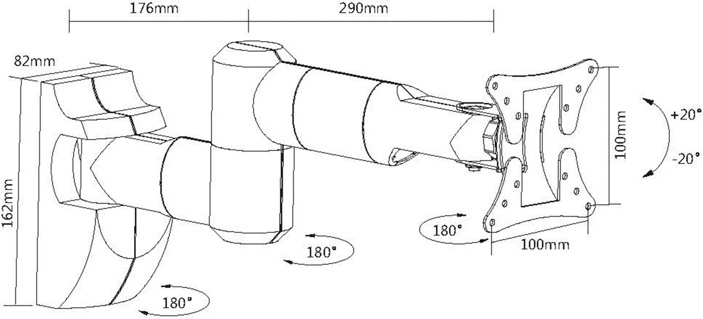 Zeichnung eines verstellbaren Monitorarms mit Abmessungen: 82mm Basisbreite, 162mm Basishöhe, Armreichweite 176-290mm, Neigung ±20°, Schwenkung 180°.