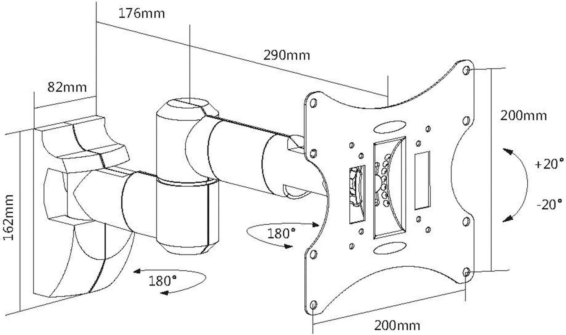 Skizze eines verstellbaren TV-Wandhalters. Zeigt Maße: Arme 290 mm, 176 mm, Platte 200x200 mm. Winkelverstellung: ±20°, Schwenken: 180°.
