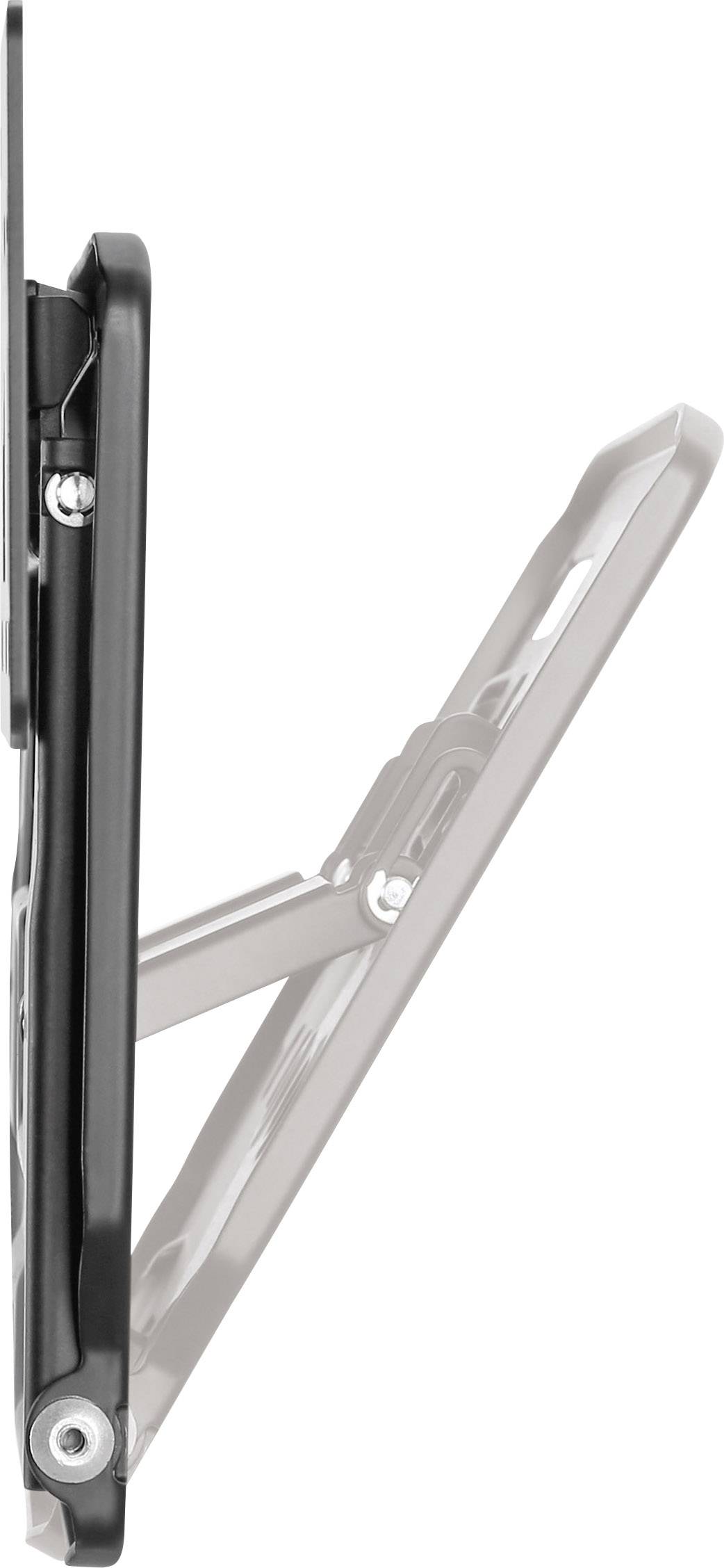 Ein klappbarer Tischhalter in seitlicher Ansicht zeigt seine Mechanik und Standfunktion. Der Halter kann verstellt und fixiert werden.