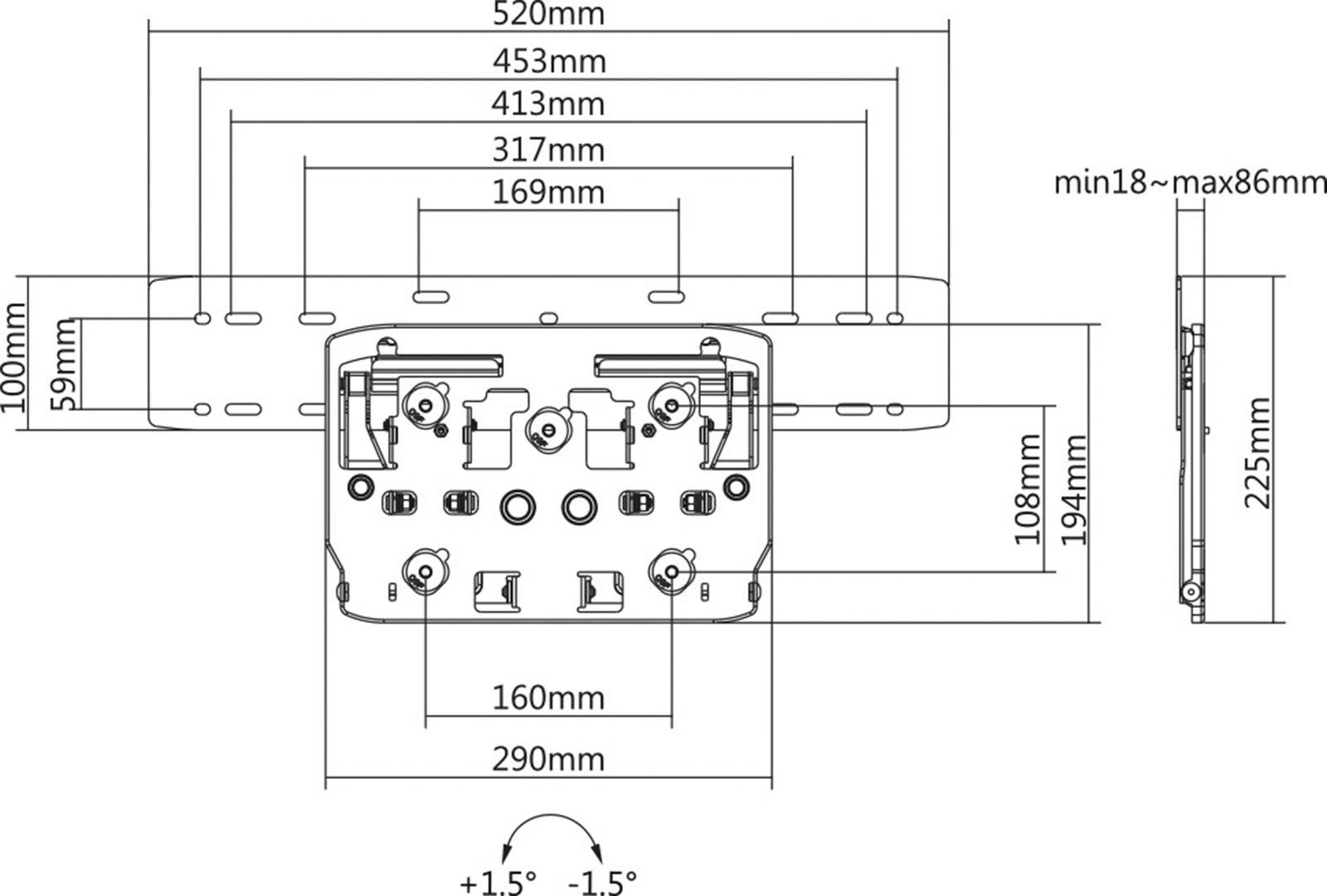 Technische Zeichnung einer TV-Wandhalterung. Zeigt Abmessungen: Breite 520 mm, Höhe 290 mm, Neigung 1,5 Grad.