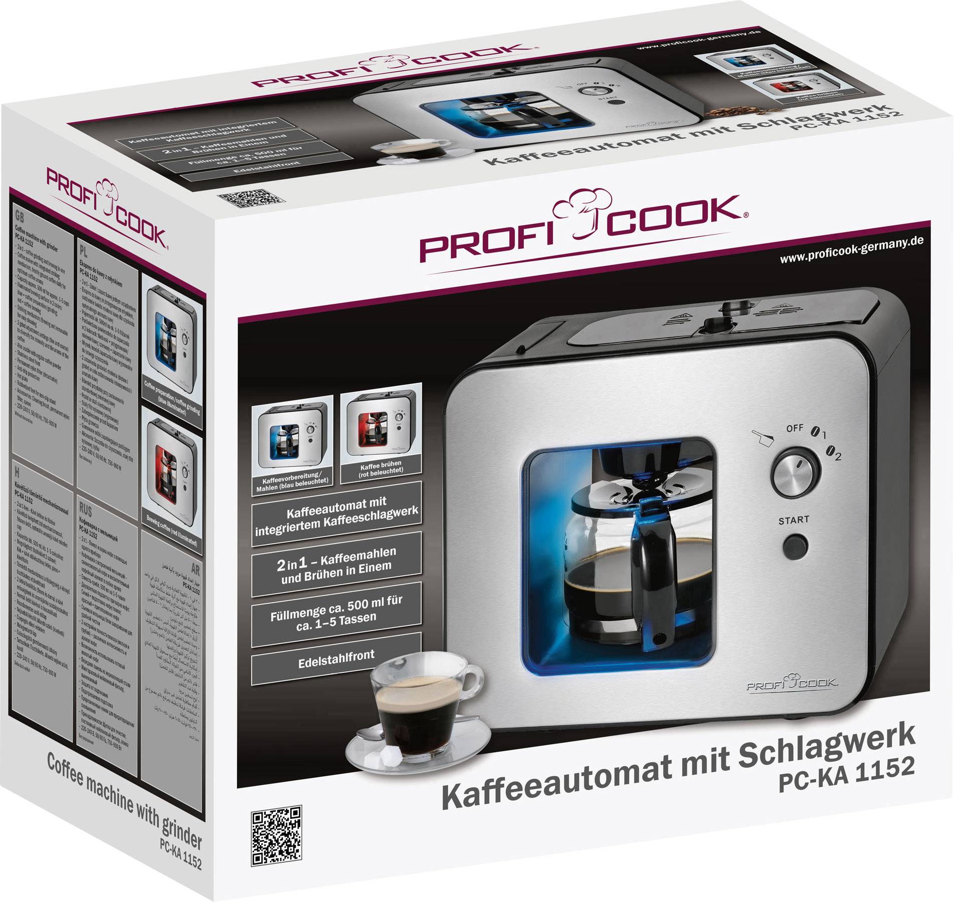 Profi Cook PC-KA 1152 Kaffeemaschine Edelstahl, Schwarz Fassungsvermögen Tassen=5 mit Mahlwerk