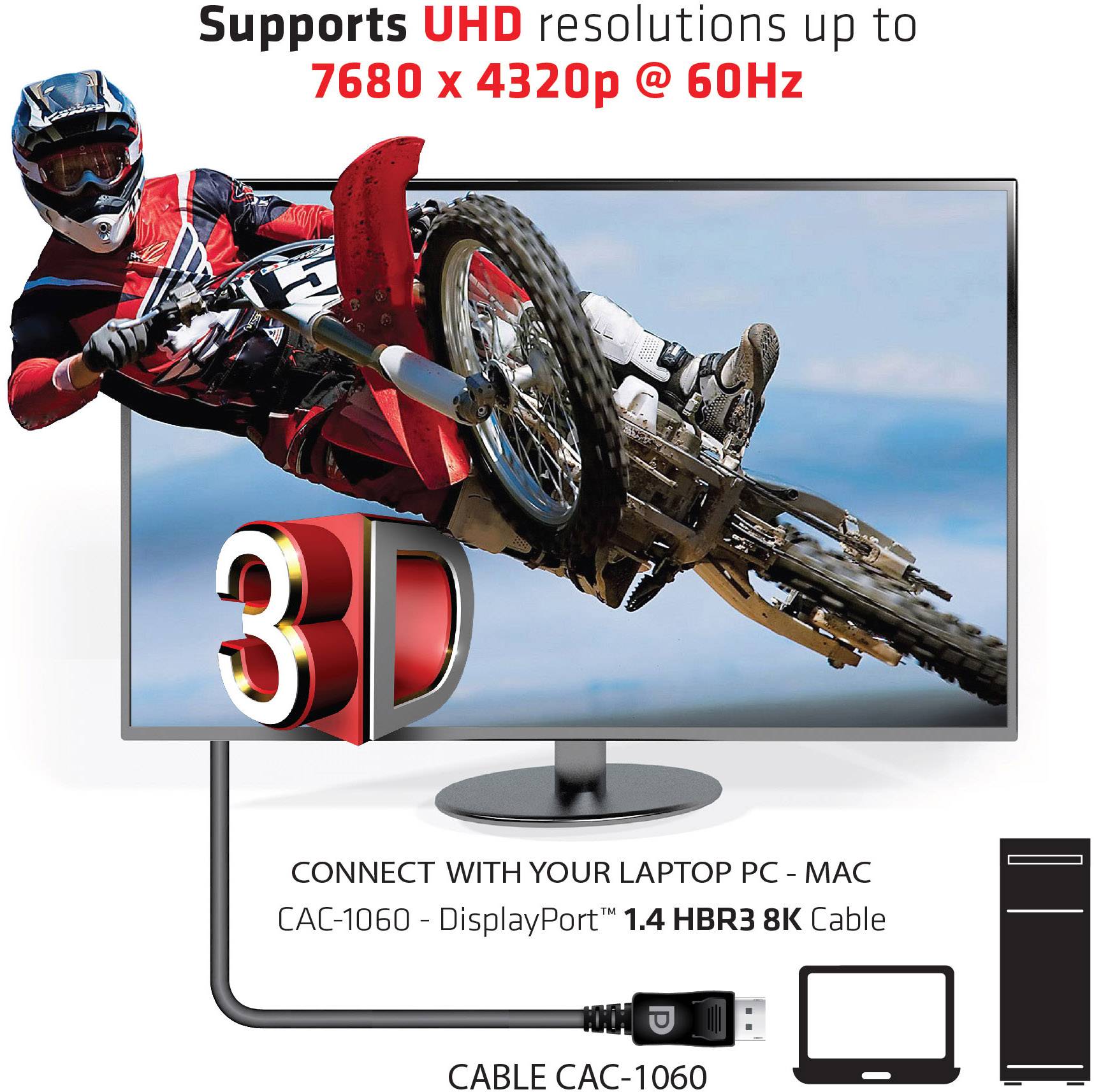 'Ein Motorradfahrer springt mit einem Crossmotorrad. Der Monitor zeigt '3D'. Text: 'Supports UHD resolutions up to 7680 x 4320p @ 60Hz'. Verbindung über DisplayPort 1.4 HBR3 8K-Kabel.'