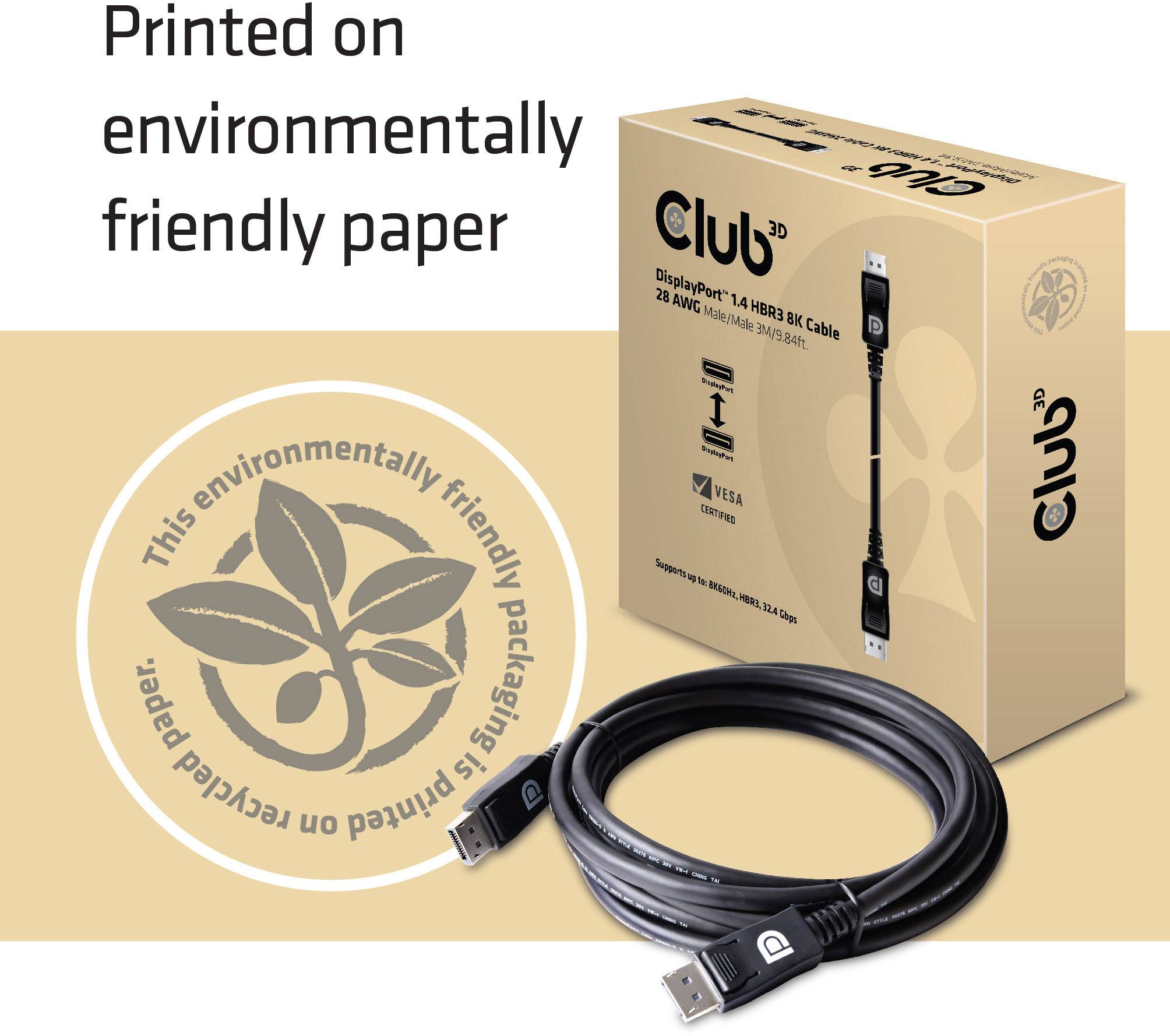 Eine DisplayPort 1.4 Kabelverpackung von Club3D zeigt das Kabel und einen Umweltfreundlichkeitsaufdruck. Verpackung ist nachhaltig.