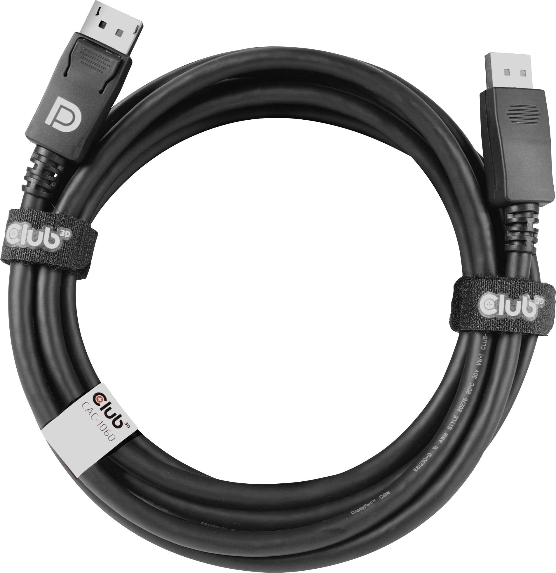 Ein schwarzes DisplayPort-Kabel mit zwei Anschlüssen und Kabelmanagement-Bändern. Eignet sich zum Verbinden von Displays mit Geräten.