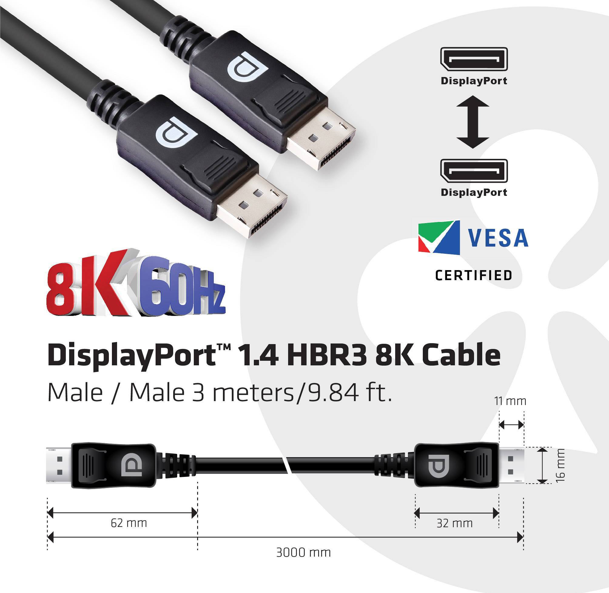 DisplayPort 1.4 Kabel: Unterstützt 8K bei 60Hz, VESA-zertifiziert. Länge 3 Meter. Zeigt Stecker- und Kabelmaße.