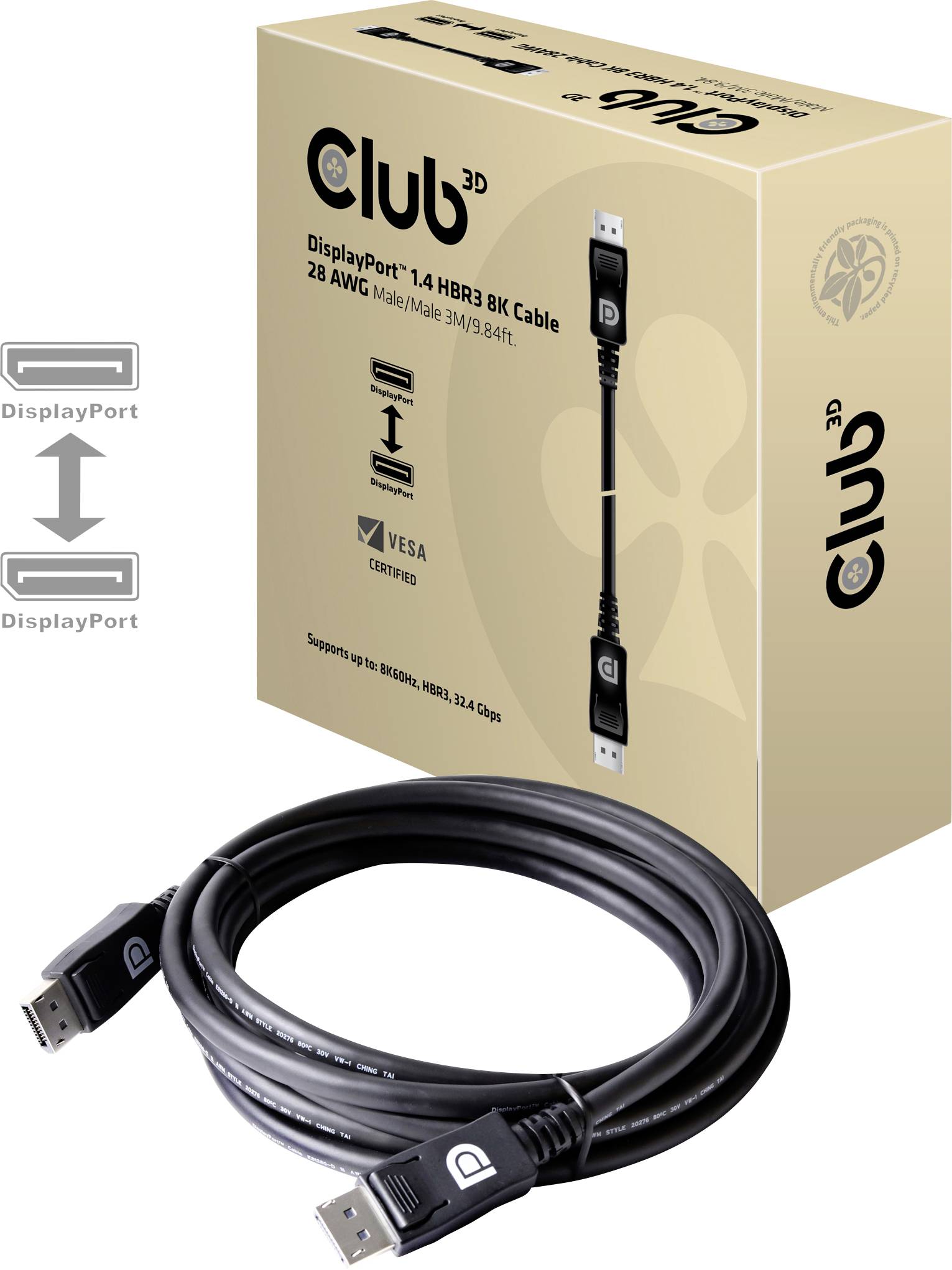 Club3D DisplayPort 1.4 Kabel, 3m Länge, unterstützt HBR3, 8K 60Hz, VESA-zertifiziert. Abbildung von Kabel und Verpackung.