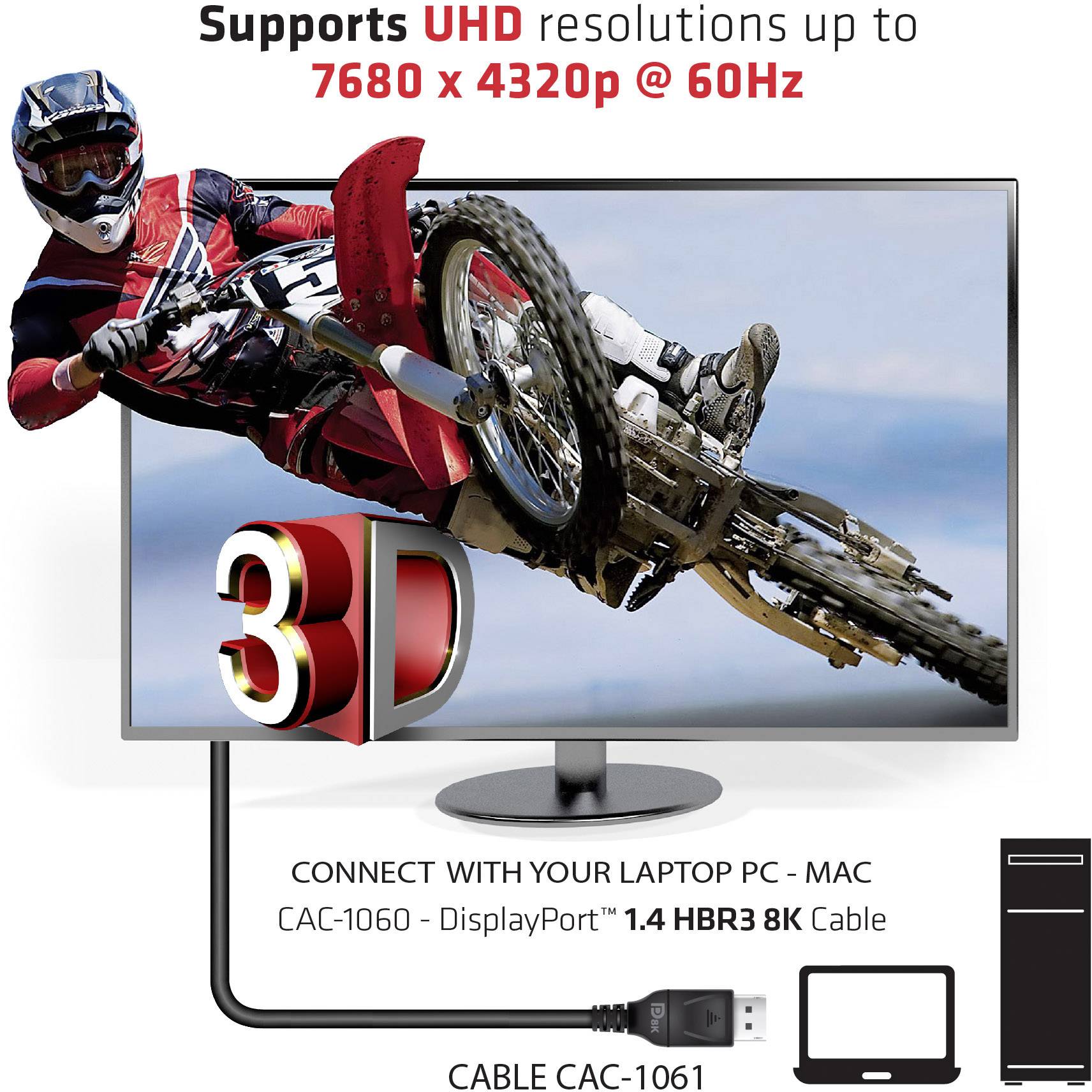 Ein Monitor zeigt einen Motorradfahrer in der Luft, ein 3D-Effekt tritt hervor. Text: 'Unterstützt UHD-Auflösungen bis zu 7680 x 4320 @ 60Hz'.