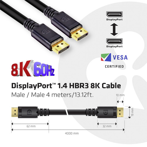 Câble de raccordement club3D DisplayPort Fiche mâle DisplayPort, Fiche mâle DisplayPort 4.00 m noir CAC-1069B Ultra HD (8K) Câble