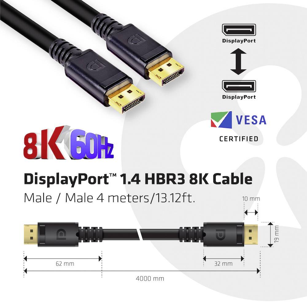 'DisplayPort 1.4 HBR3 8K Kabel'. Zwei Anschlüsse, 4 Meter Länge. Kompatibel mit DisplayPort, VESA zertifiziert.
