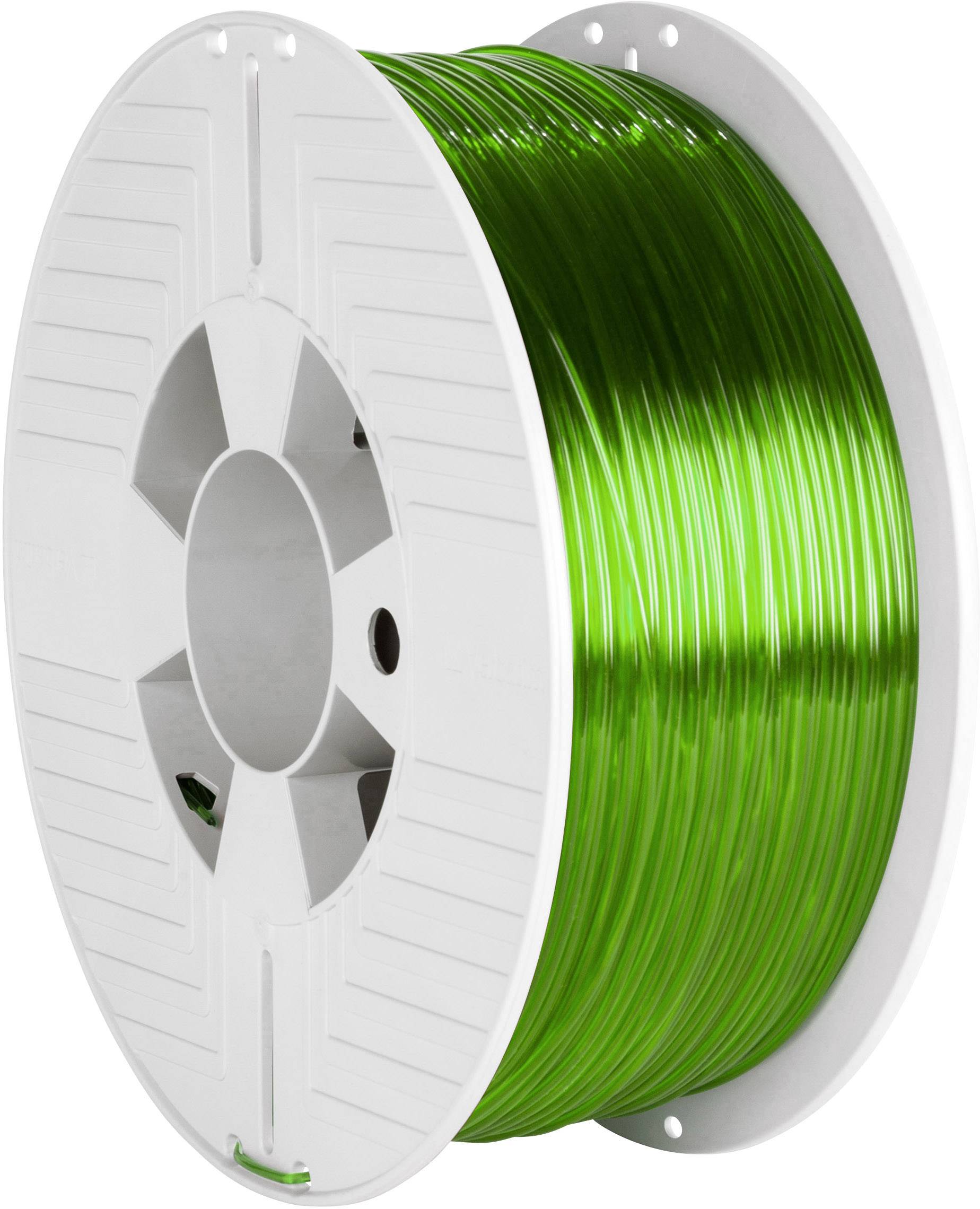 Eine weiße Spule mit grünem 3D-Druckerfilament, bereit zur Verwendung in einem 3D-Drucker.