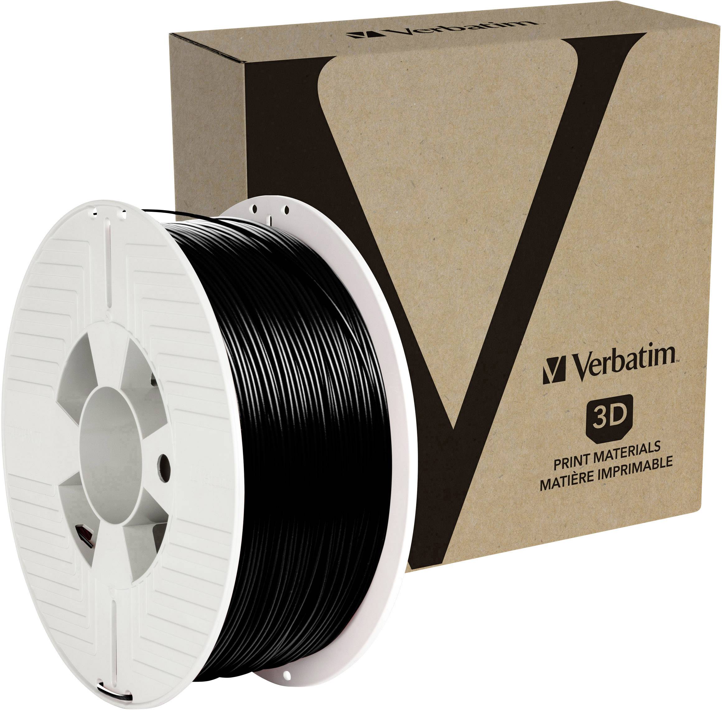 Schwarze 3D-Drucker-Filamentrolle neben einer Verpackung von Verbatim mit großem 'V' und Aufschrift '3D Print Materials'.
