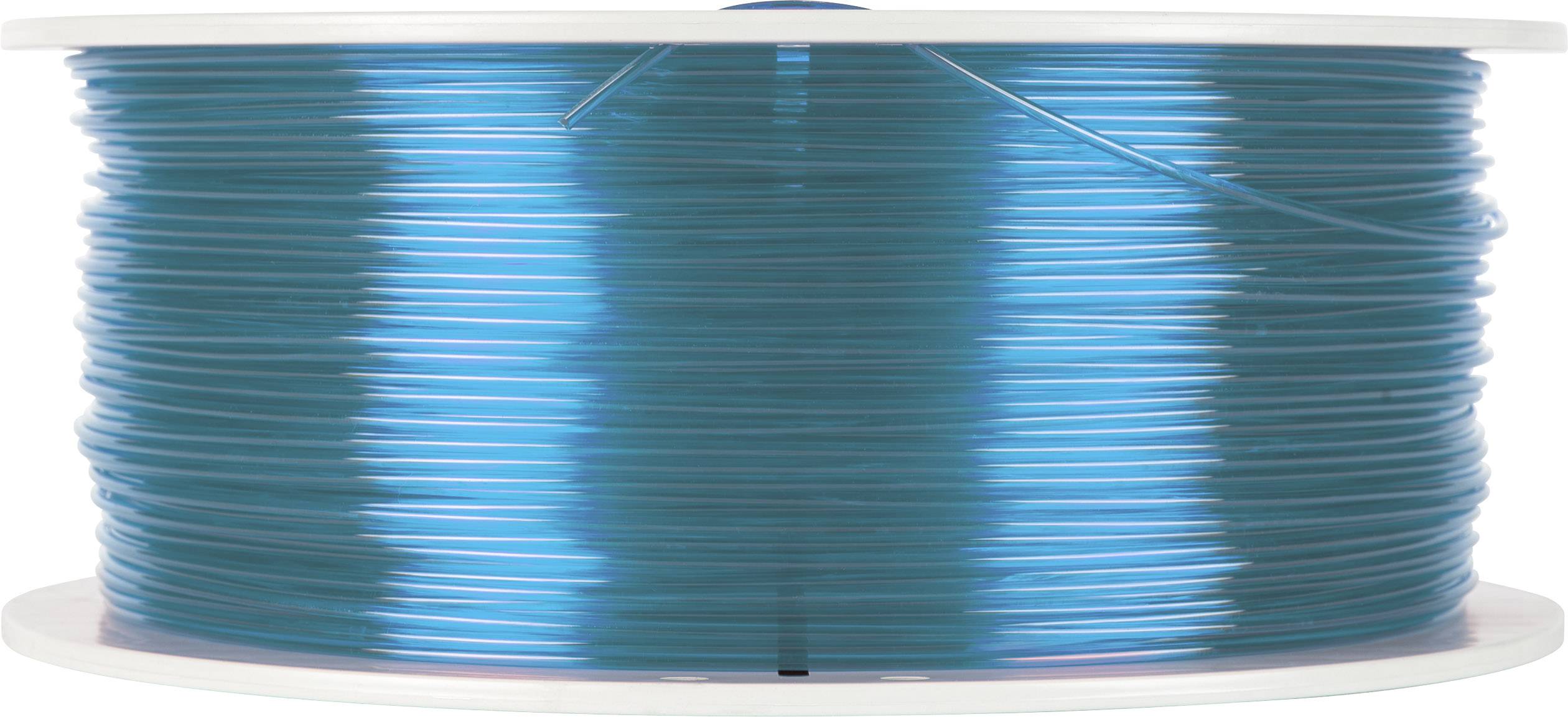 Eine Spule mit blauem Filament für 3D-Drucker, gleichmäßig aufgerollt, seitlich fotografiert.
