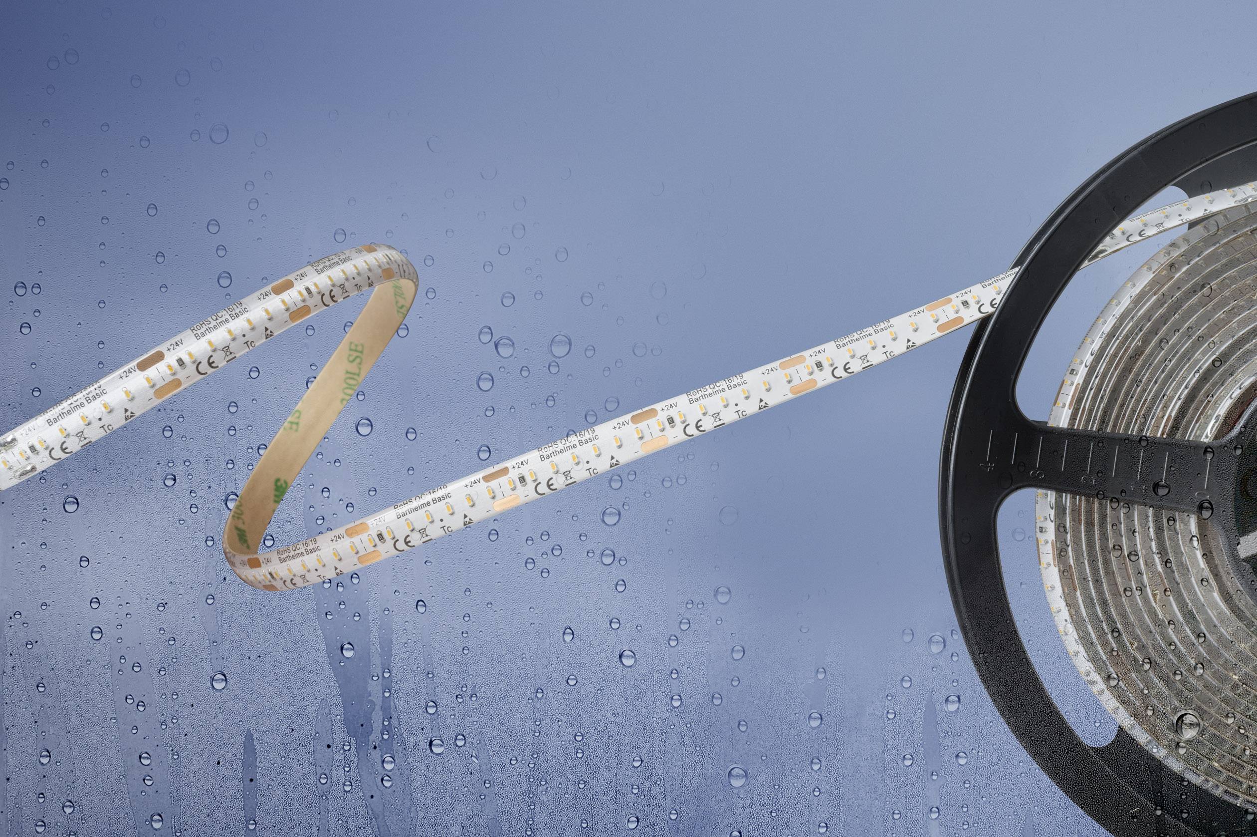 Ein aufgerolltes LED-Lichtband vor einem nebligen Hintergrund mit Wassertropfen, was möglicherweise auf Wetter- oder Feuchtigkeitsbeständigkeit hinweist.