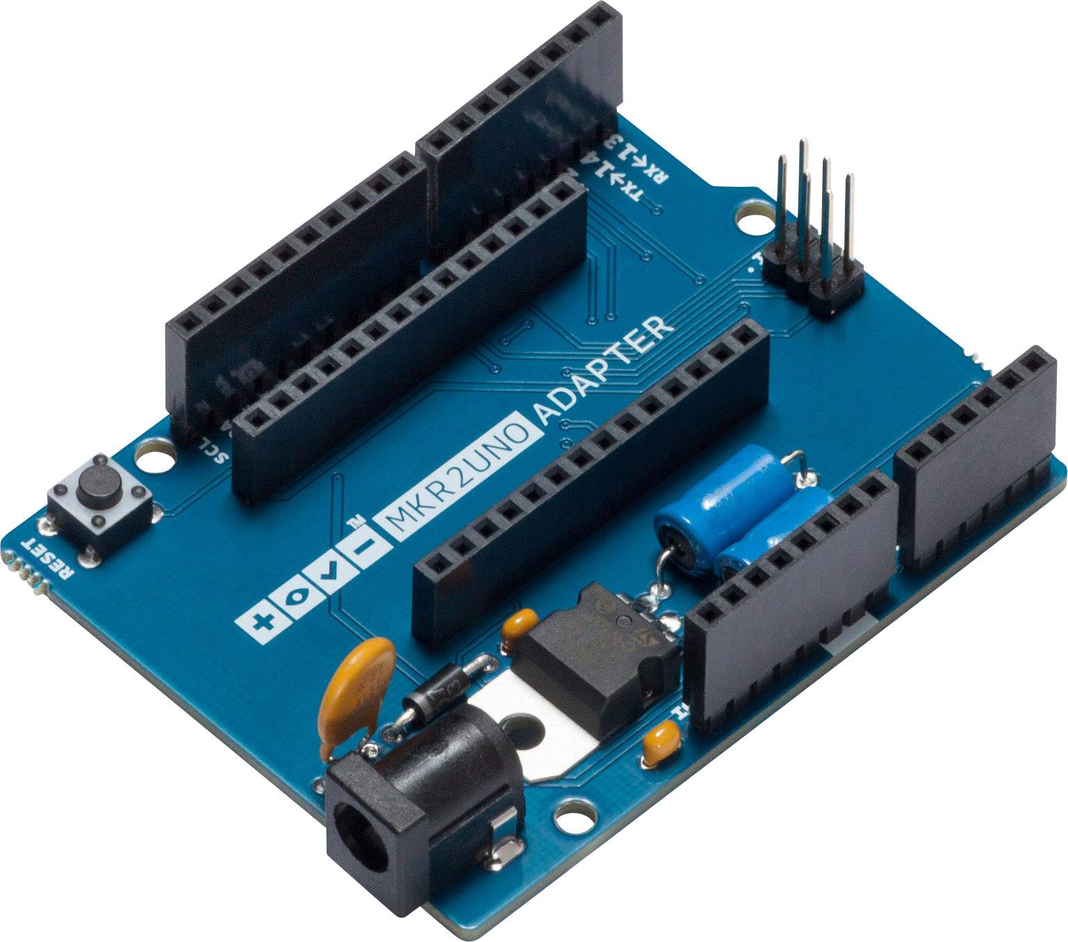 Ein blauer Arduino MKR2UNO Adapter mit mehreren Pin-Anschlüssen. Hauptsächlich zur Verbindung von Arduino MKR-Komponenten mit UNO-Boards verwendet.