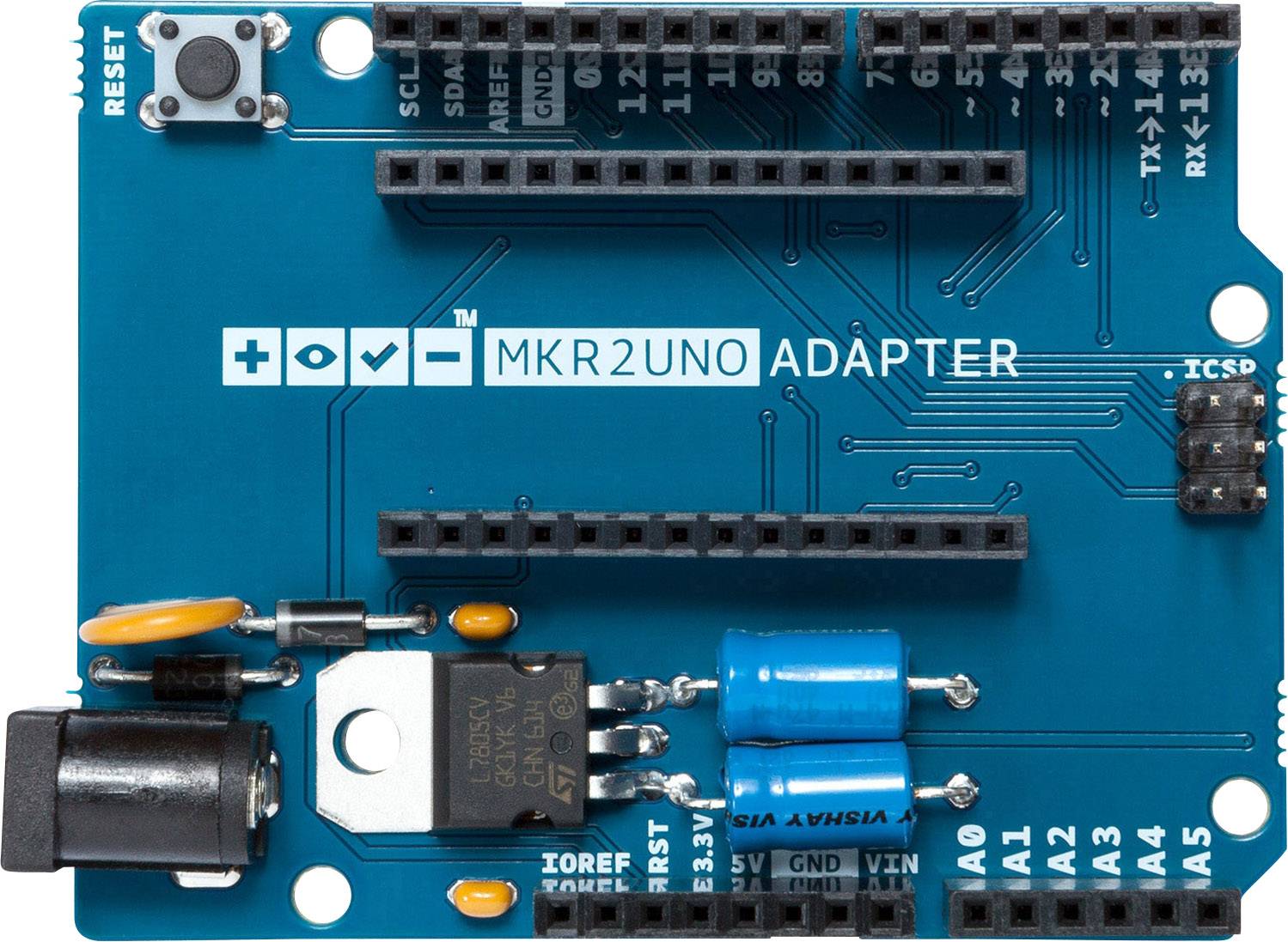 Blaues Entwicklungsboard mit mehreren Anschlussmöglichkeiten, Beschriftung 'MKR2UNO Adapter', enthält elektronische Bauteile.