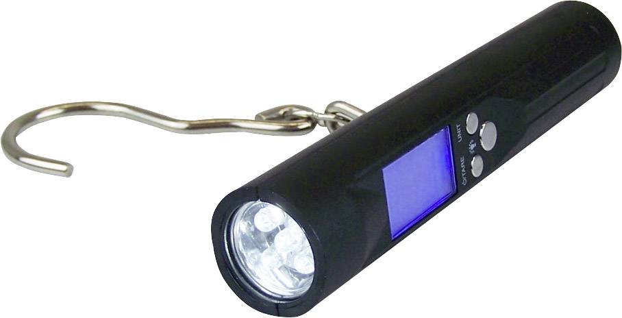 Elektronische Handwaage mit Haken und digitalem Display, zeigt Gewicht von hängenden Objekten an. Ideal für Reisende.