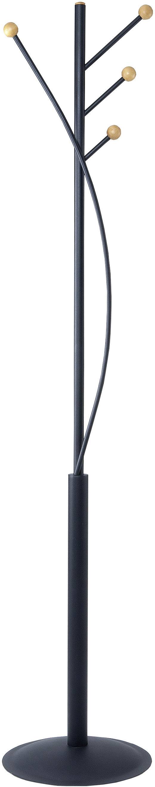 Ein moderner, schwarzer Garderobenständer mit geschwungenen Ästen und runden Holzkugeln an den Enden.