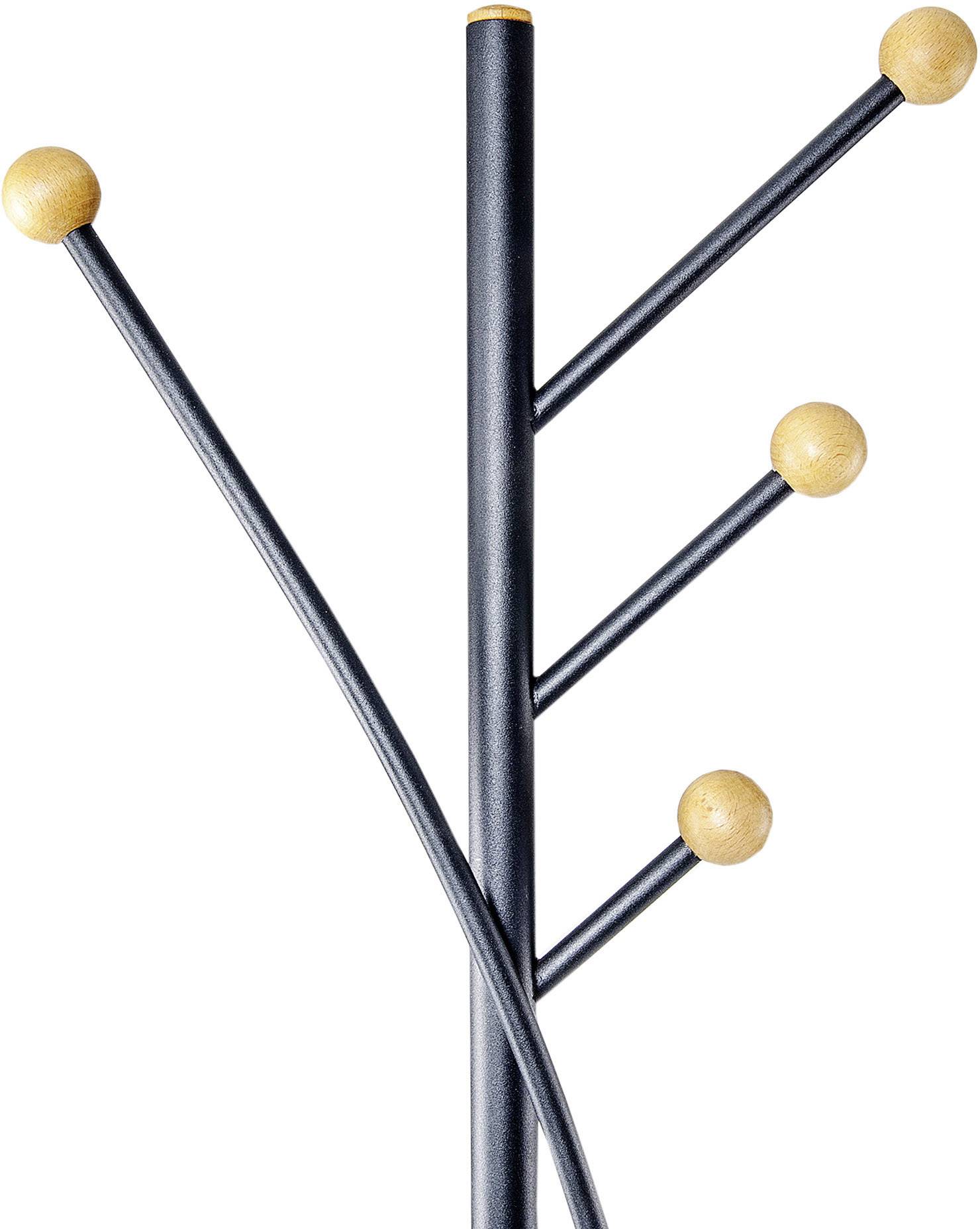 Ein moderner Kleiderständer mit schwarzmetallischem Stamm und mehreren abzweigenden Armen, jeweils mit hölzernen Kugelenden.