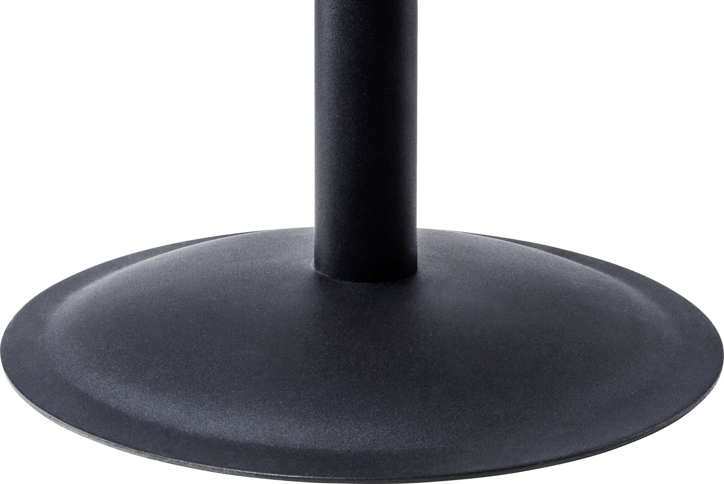 Unterer Teil eines schwarzen, runden Metallständers mit einem zylindrischen Stab in der Mitte.