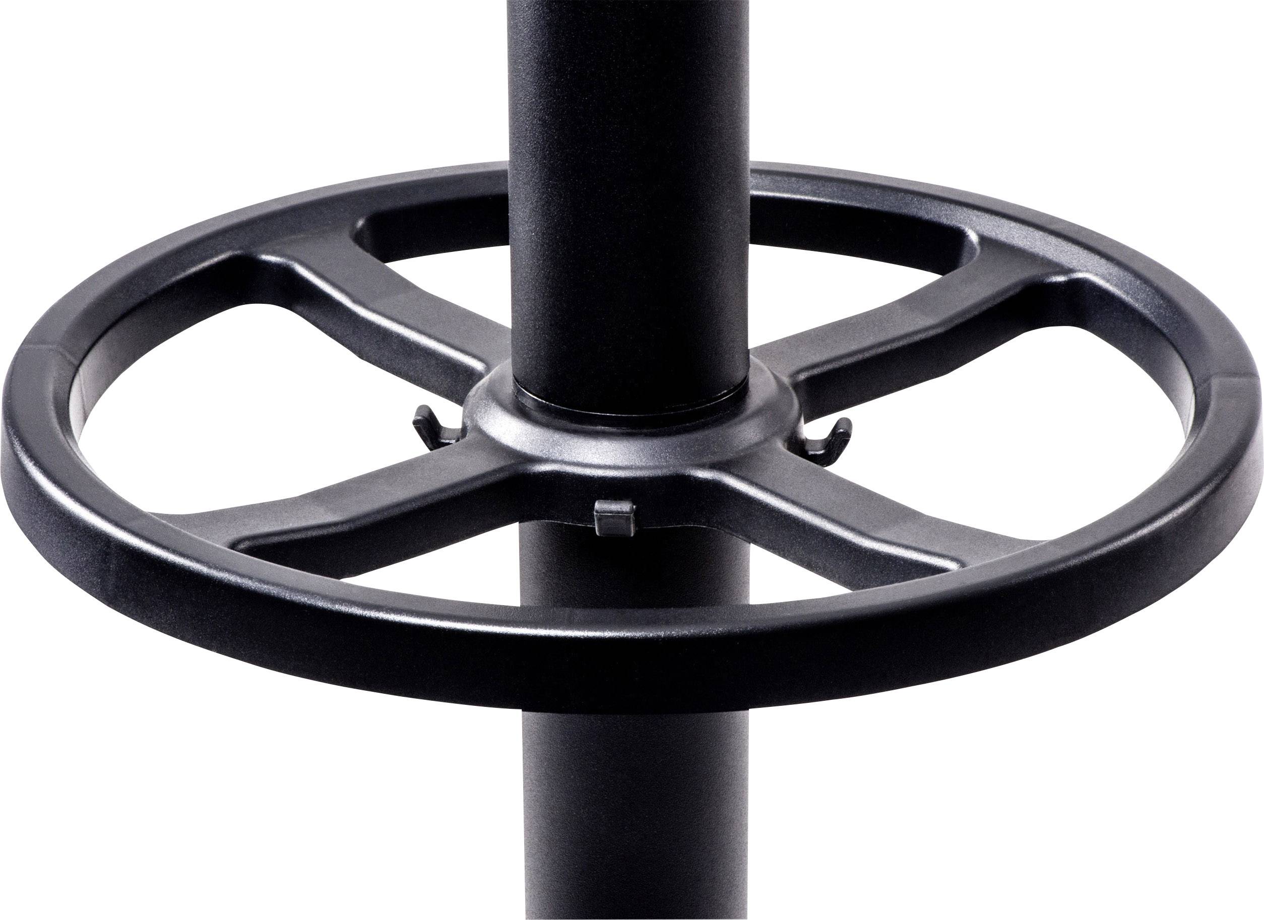 Schwarzes Metallfußstützenring an einem Stuhl für ergonomischen Komfort, um den Druck auf Beine zu reduzieren und die richtige Haltung zu fördern.