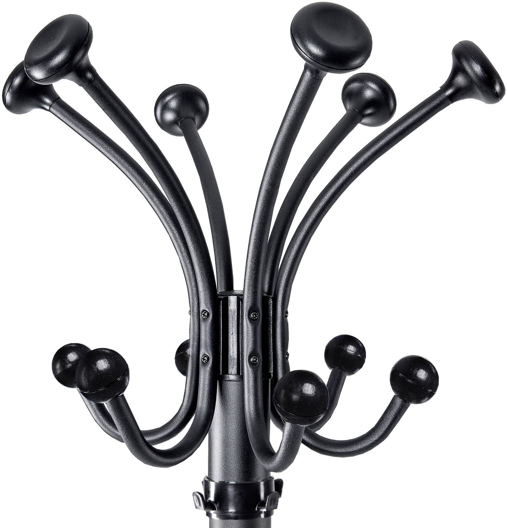 Ein schwarzer Kleiderständer mit mehreren geschwungenen Haken, die nach oben gebogen sind. Ideal zum Aufhängen von Hüten und Mänteln.