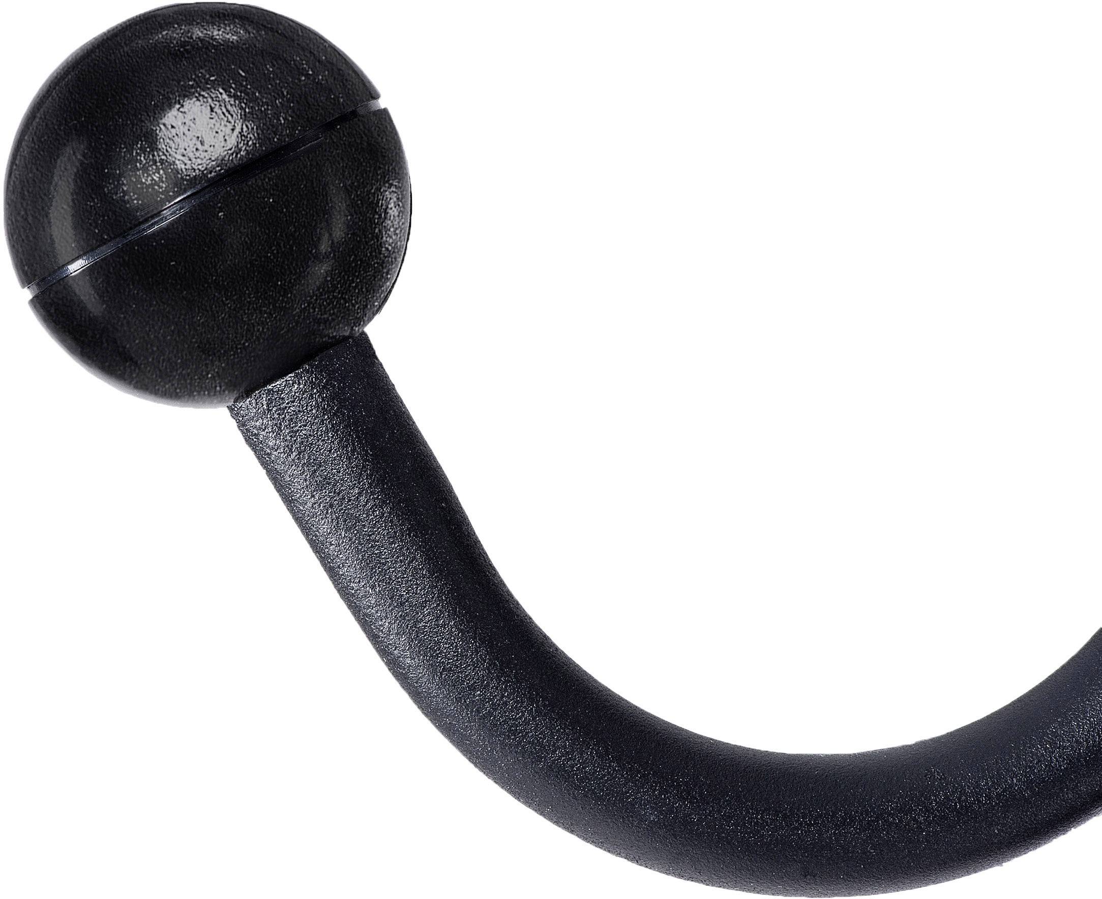 Schwarzer Haken mit Kugelkopf, gebogen, aus Metall, vor weißem Hintergrund.