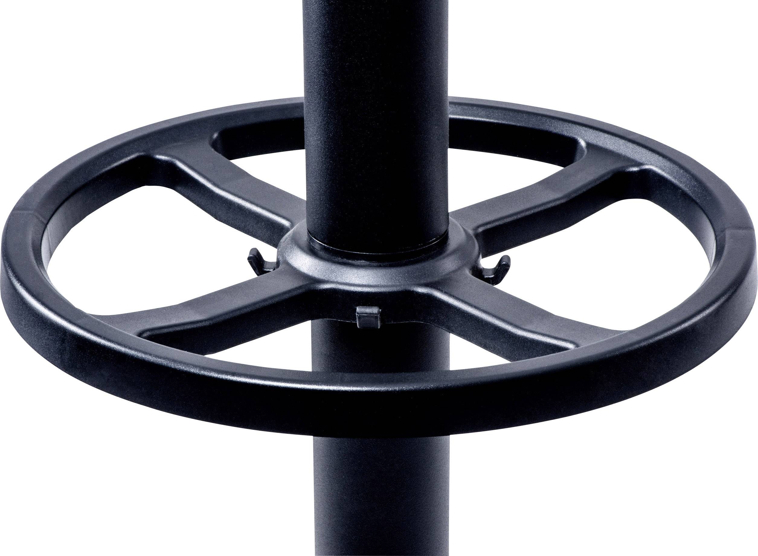 Ein schwarzes Steuerrad an einer vertikalen Stange, oft verwendet für die Steuerung von Maschinen oder Ventilen.