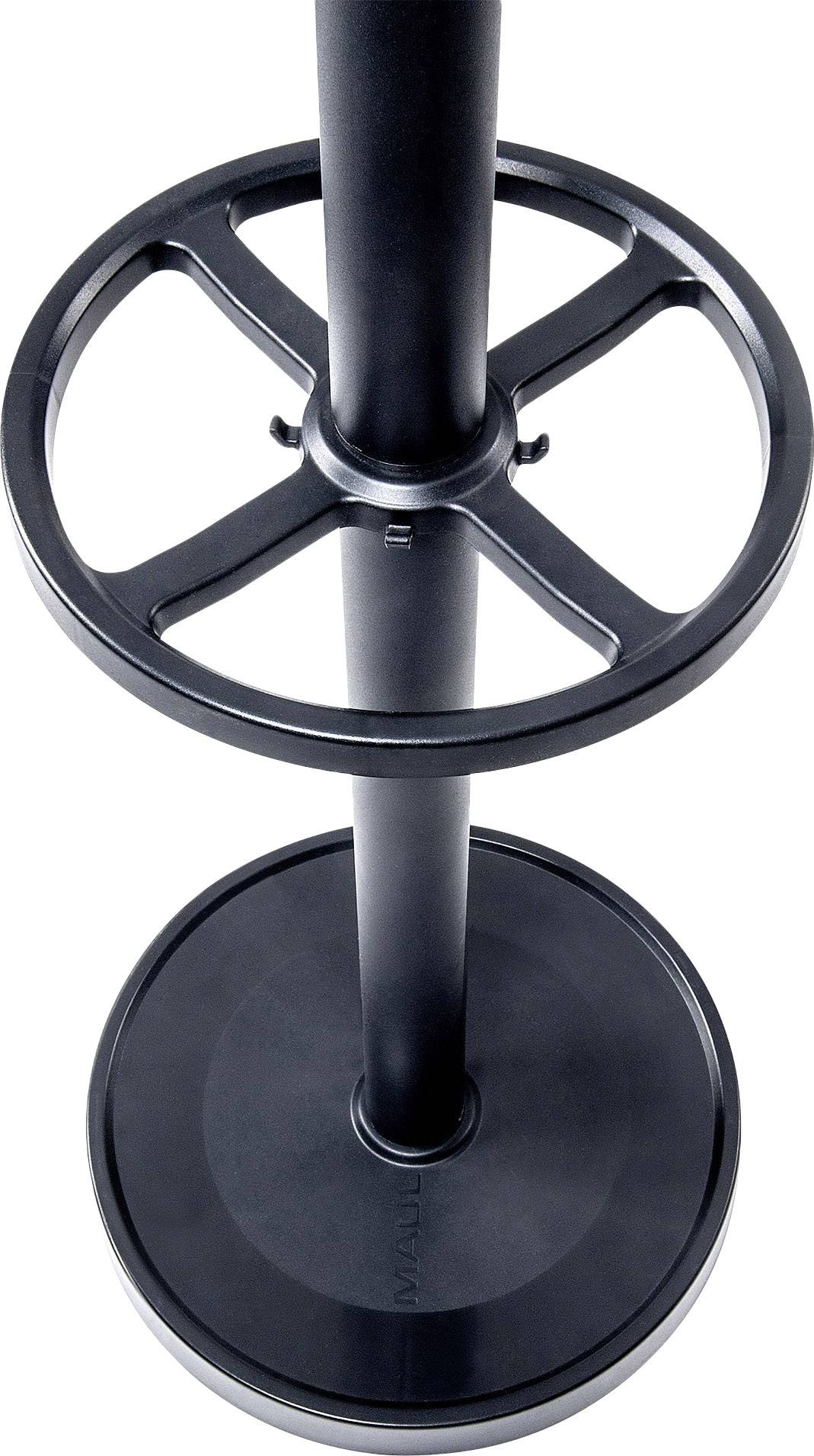 Ein schwarzer, runder Ständer aus Metall mit einem ringförmigen Griff in der Mitte und einer stabilen Basis.