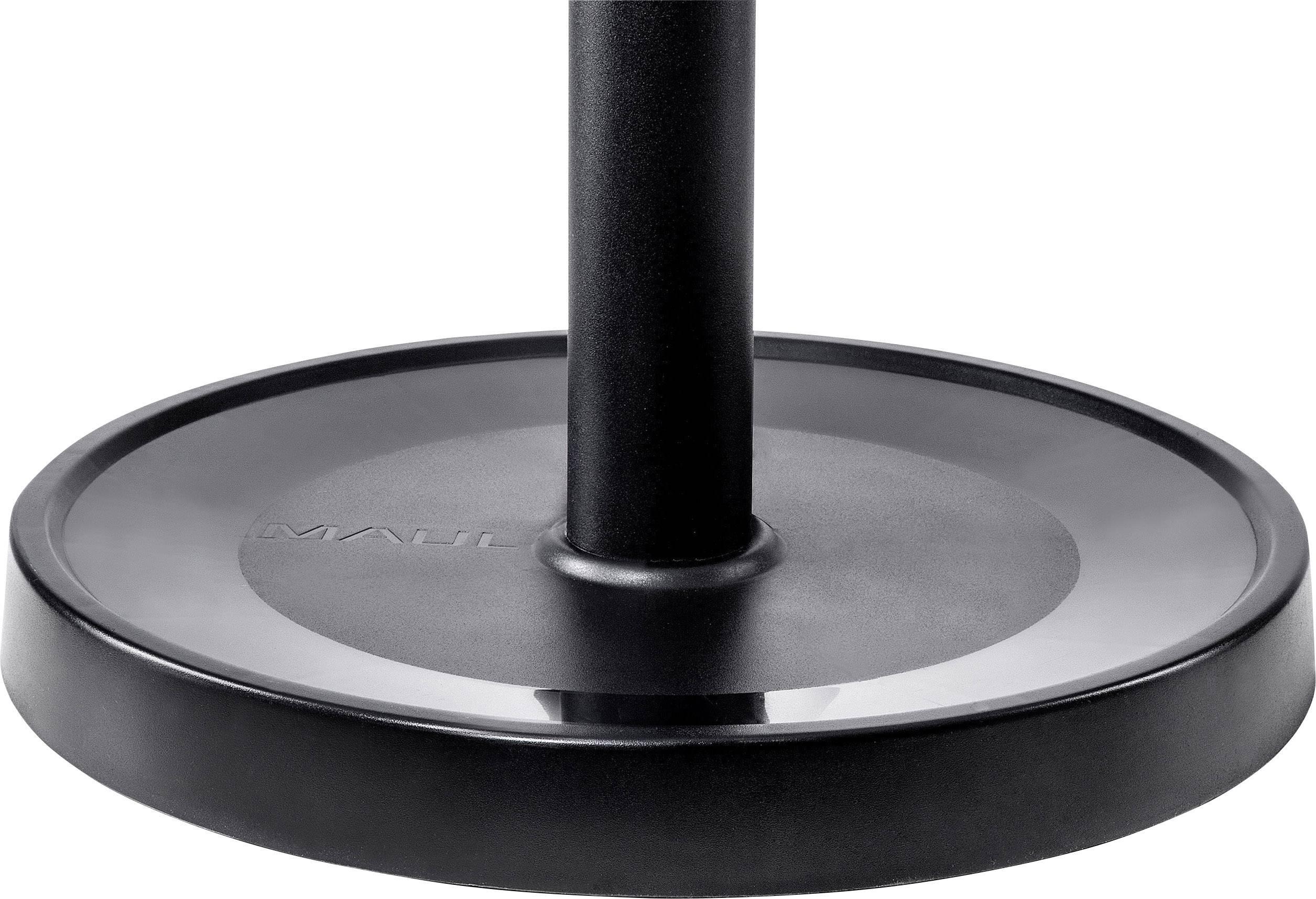 Ein schwarzer, runder Lampenfuß mit einem zentralen Stab.