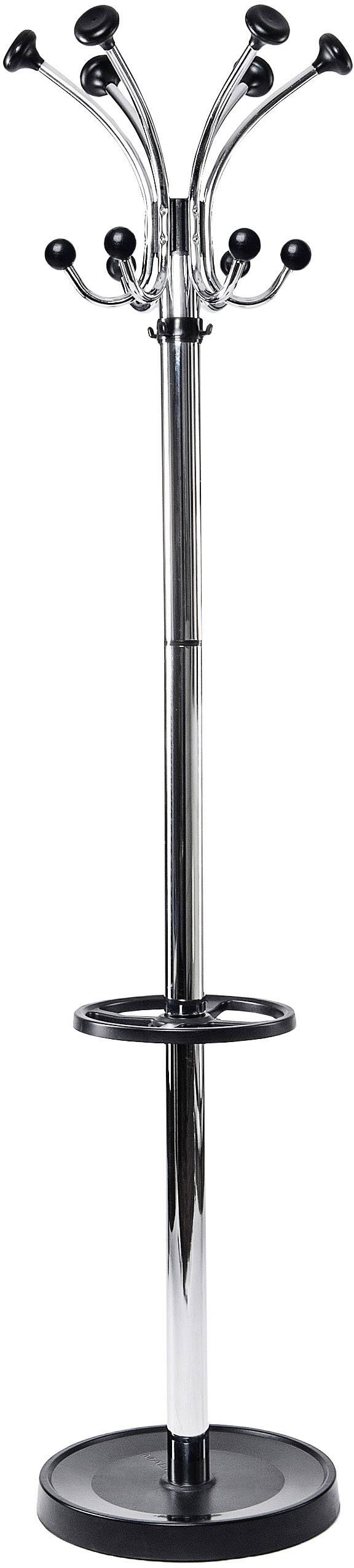 Ein silberner Kleiderständer mit mehreren Haken in zwei Höhen, geeignet zum Aufhängen von Mänteln und Hüten.