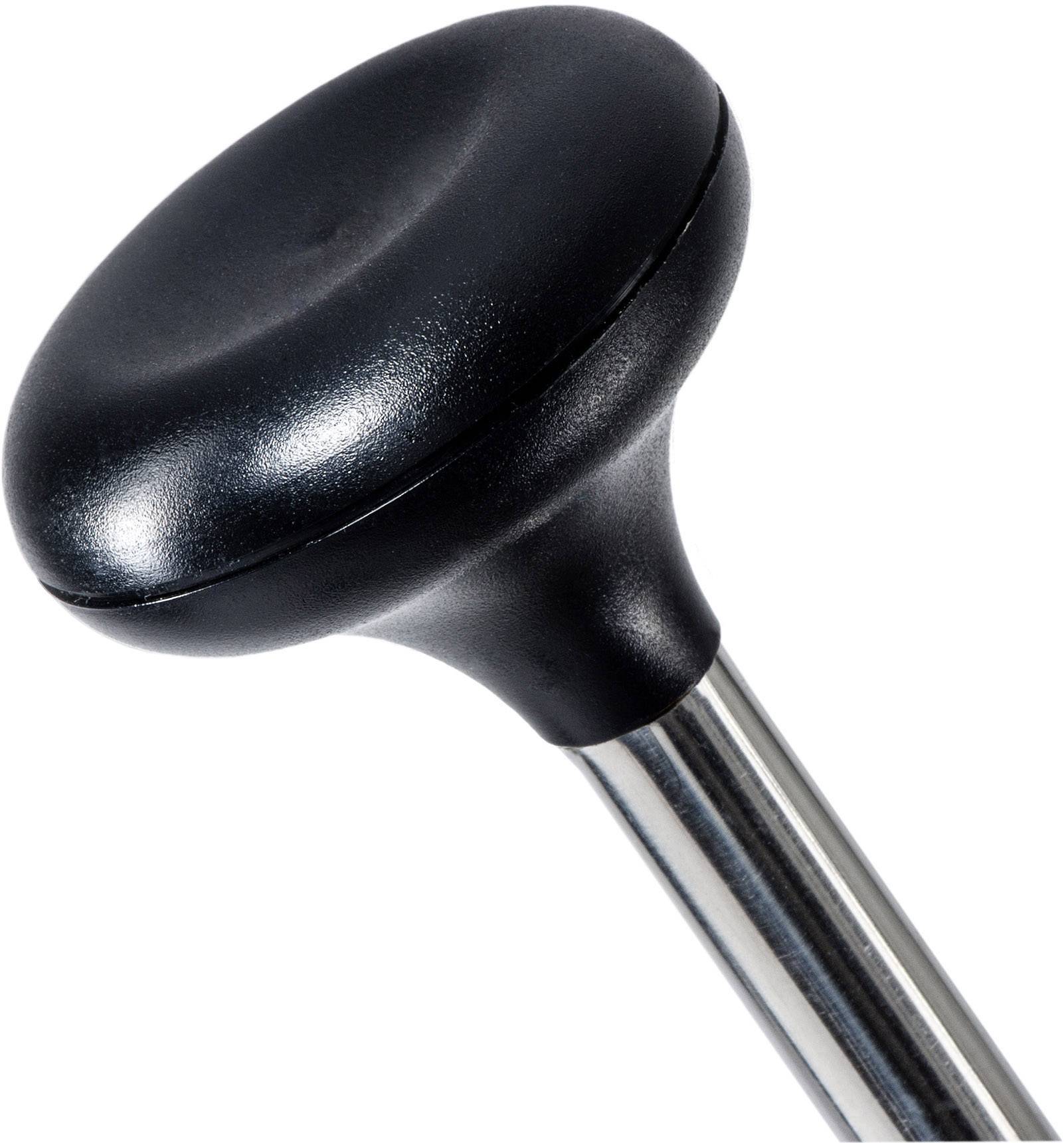 Ein schwarzer, runder Türgriff aus Metall mit glänzender Oberfläche; betrachtet von oben.