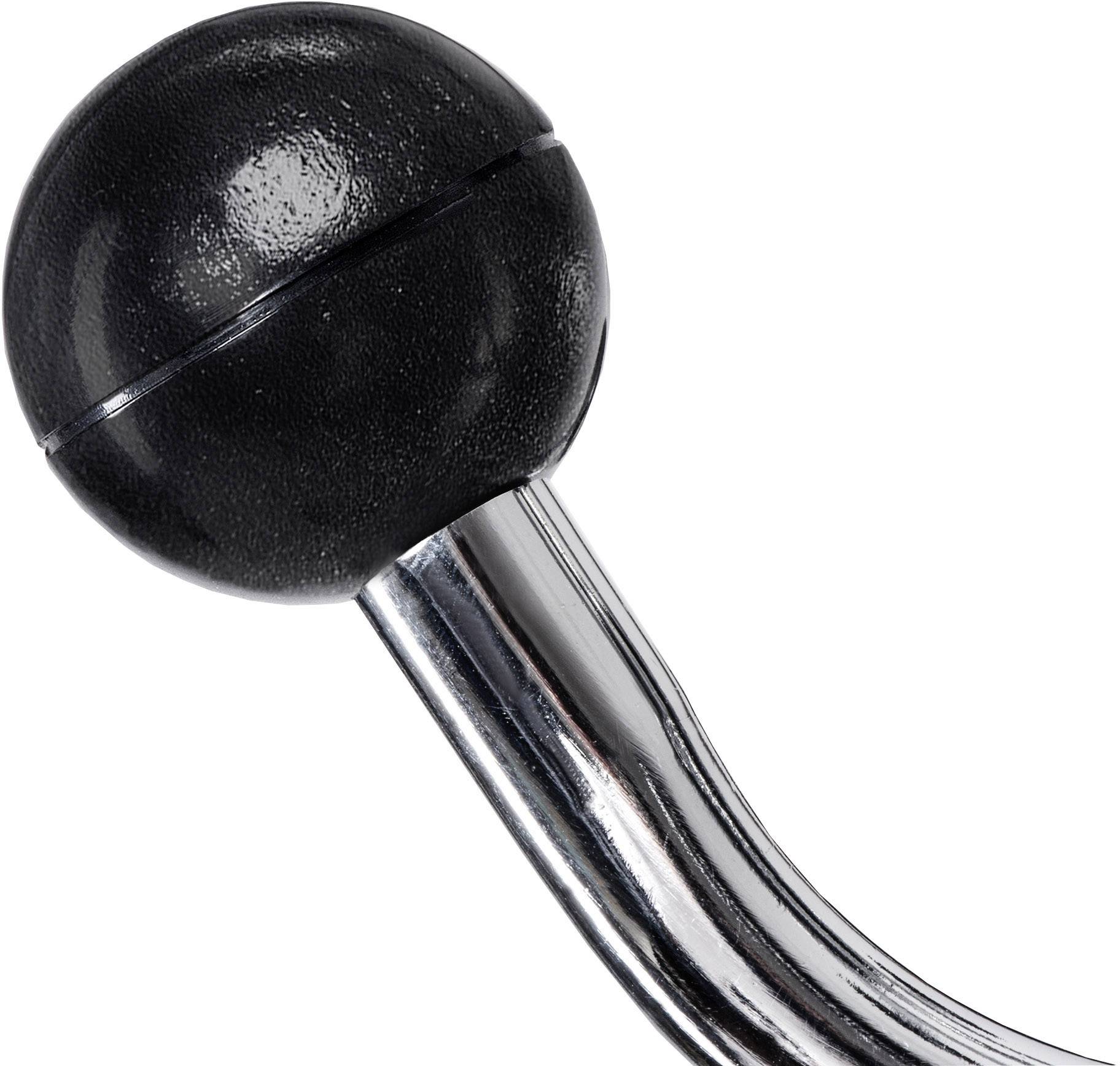 Schwarze, runde Kugel an einem verchromten, gebogenen Stab, möglicherweise Teil eines mechanischen Geräts oder Werkzeugs.