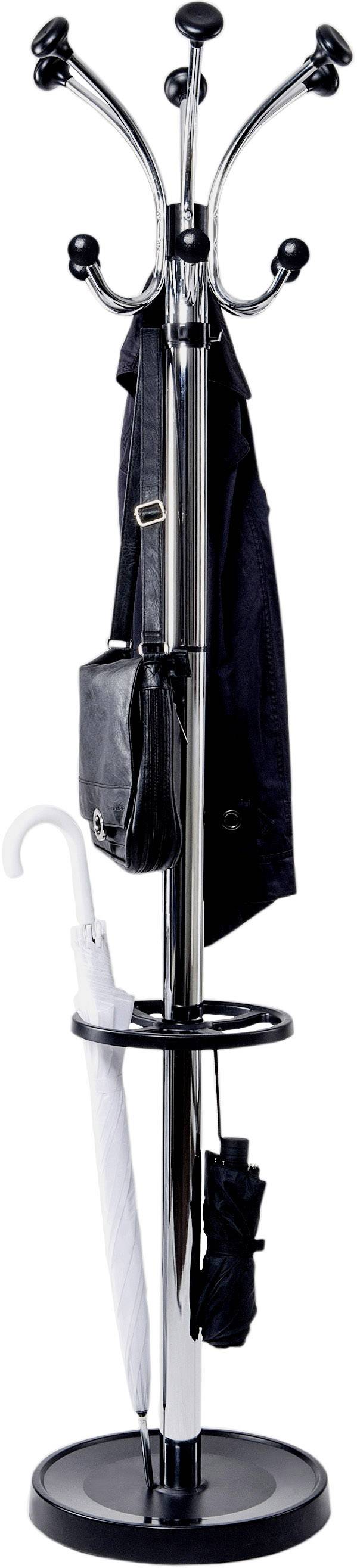 Ein schwarzer Garderobenständer mit mehreren Haken, an dem eine Jacke, eine Tasche und ein Regenschirm hängen.