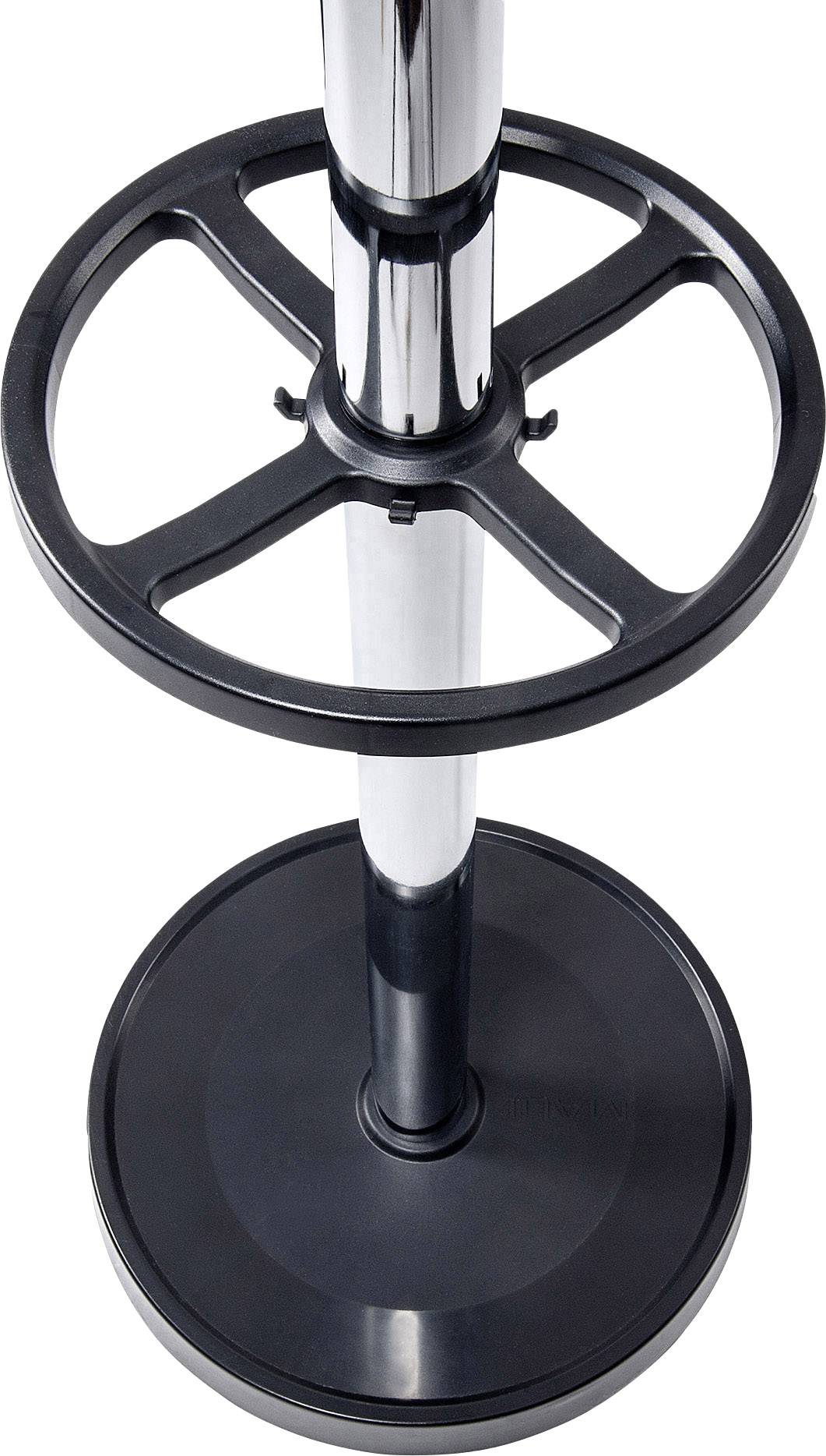 Metallsäule mit rundem, schwarzem Sockel und einem mittig montierten, kreisförmigen, gitterartigen Kunststoffgriff.