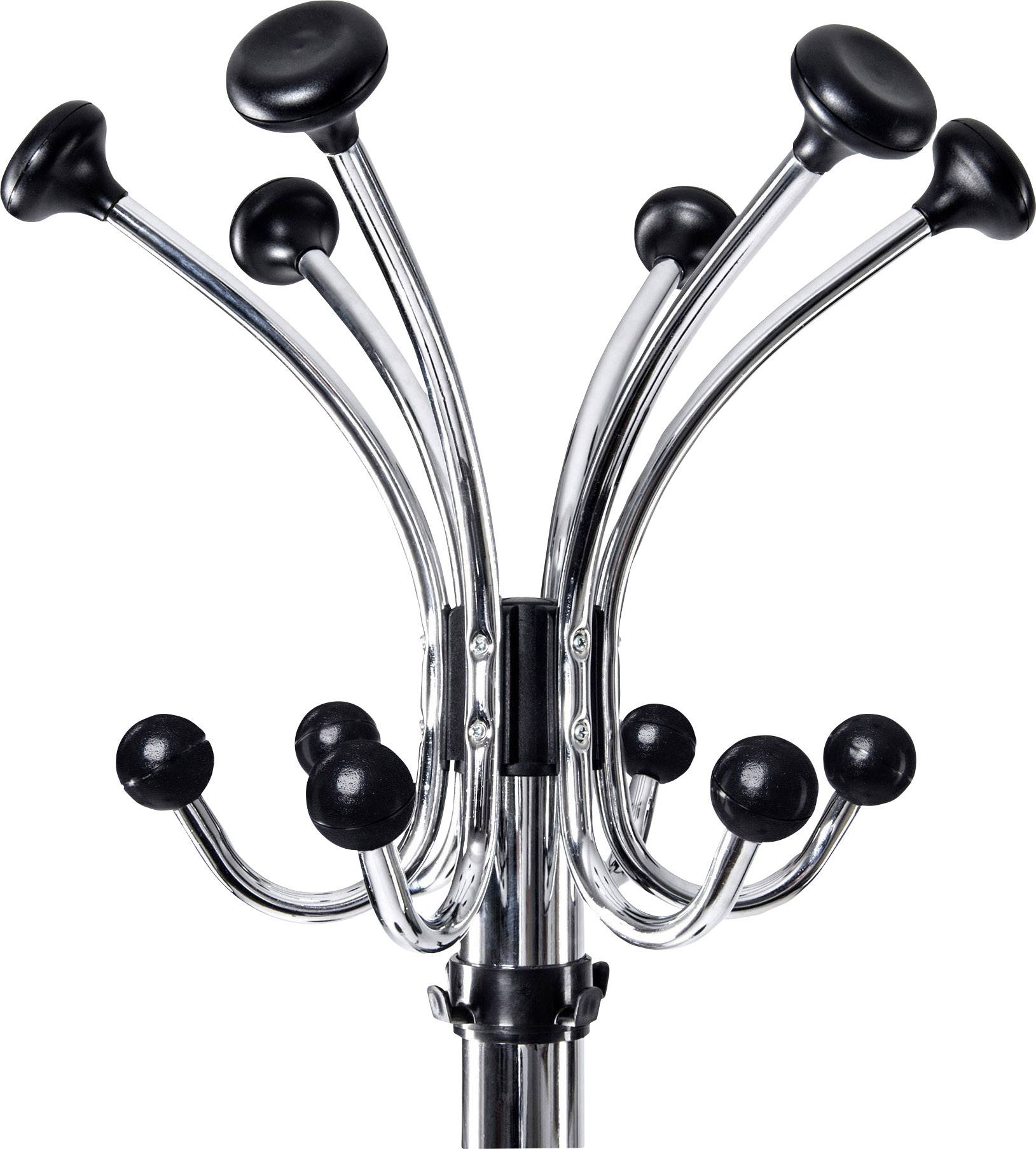 Ein stilvoll gestalteter Garderobenständer aus Metall mit mehreren hakenförmigen Armen für Mäntel und Hüte.