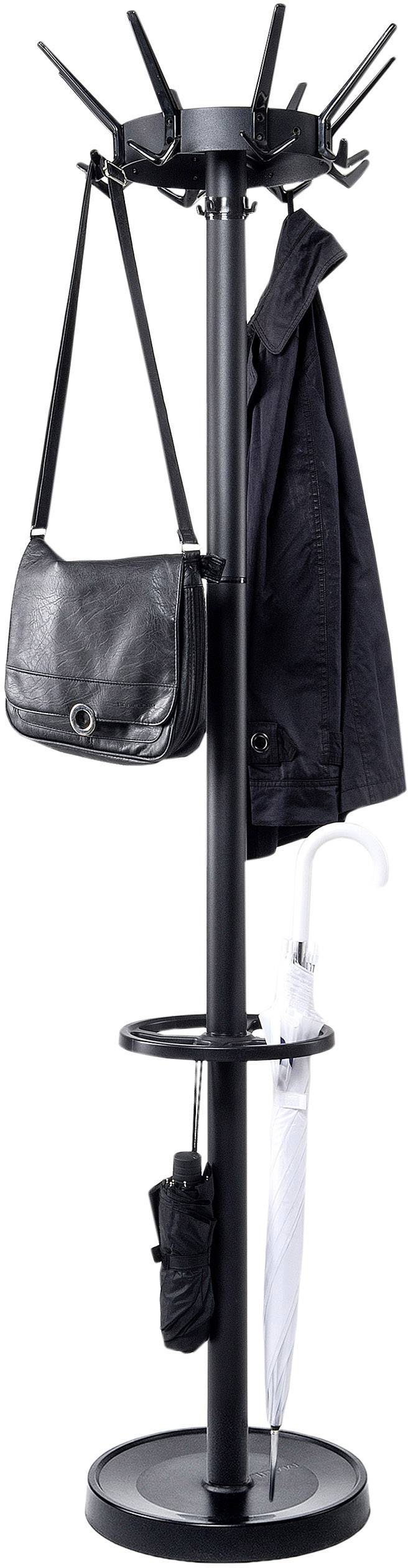 Schwarzer Garderobenständer mit mehreren Haken, eine schwarze Tasche, ein schwarzer Mantel und zwei Regenschirme.