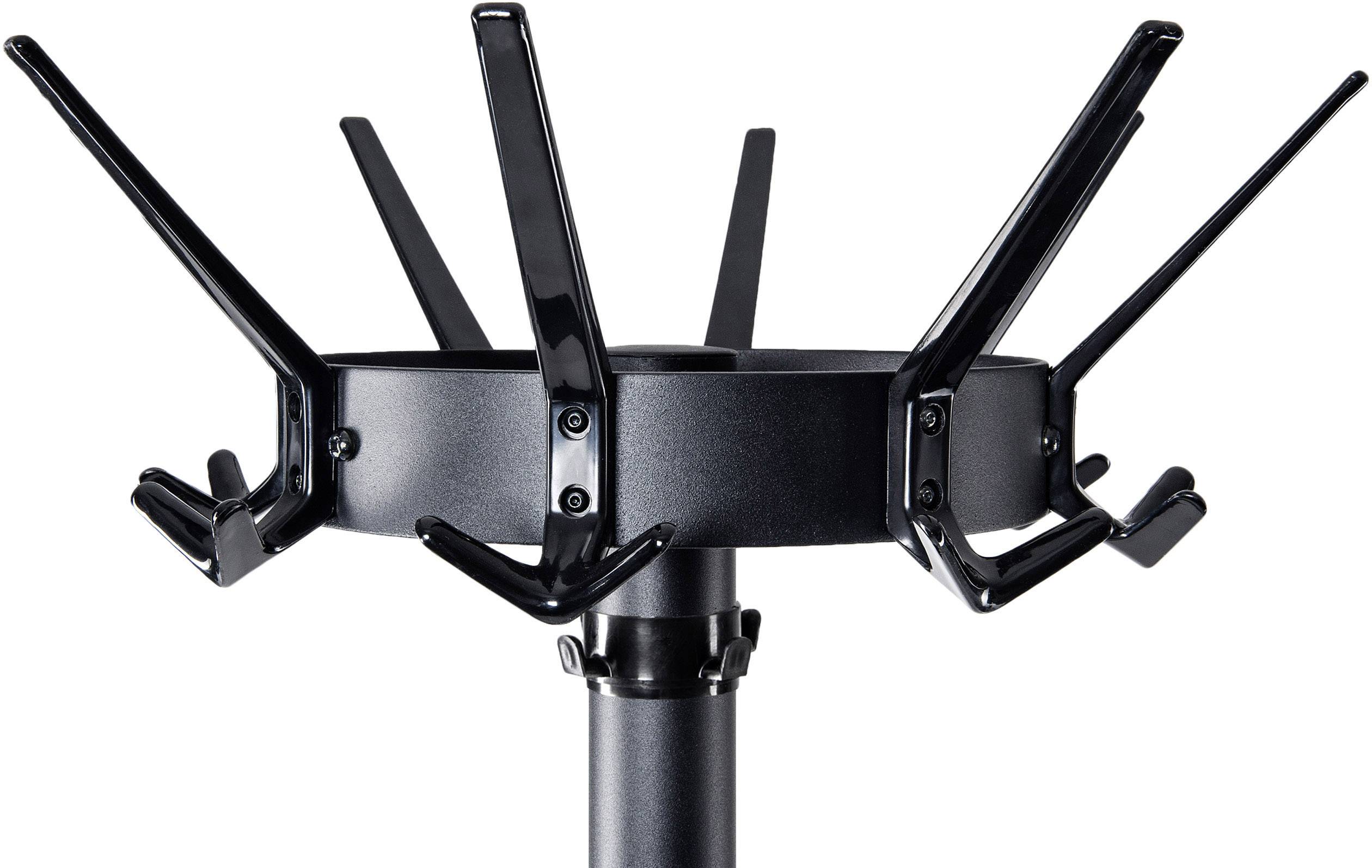 Ein schwarzer, moderner Garderobenständer mit mehreren Haken zur Aufhängung von Kleidung oder Accessoires.