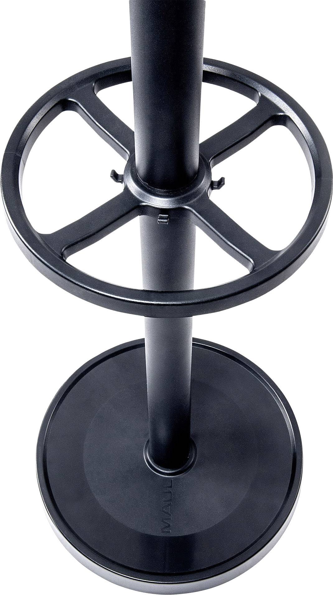 Schwarzer Metallständer mit zwei runden Platten, übereinander befestigt, für Geräteaufbewahrung oder ähnlichen Zweck.