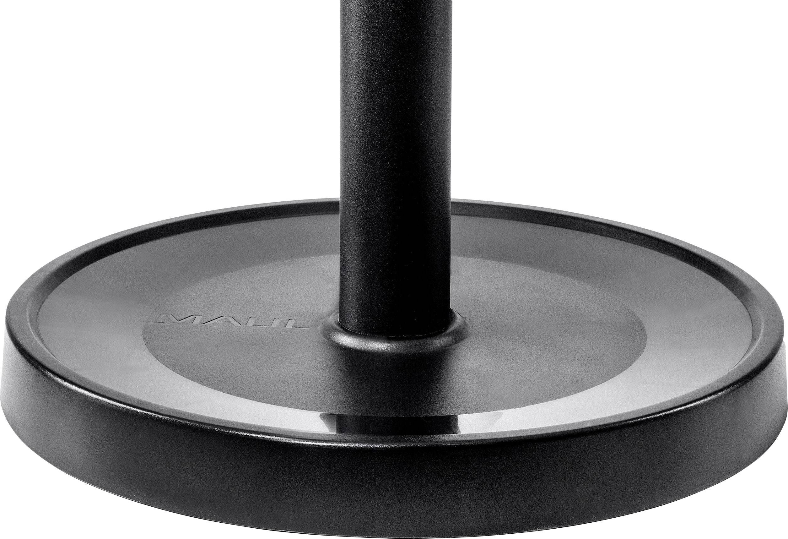 Schwarzer, runder Lampenfuß mit einem vertikalen Stab in der Mitte. Die Oberfläche ist glatt und glänzend.