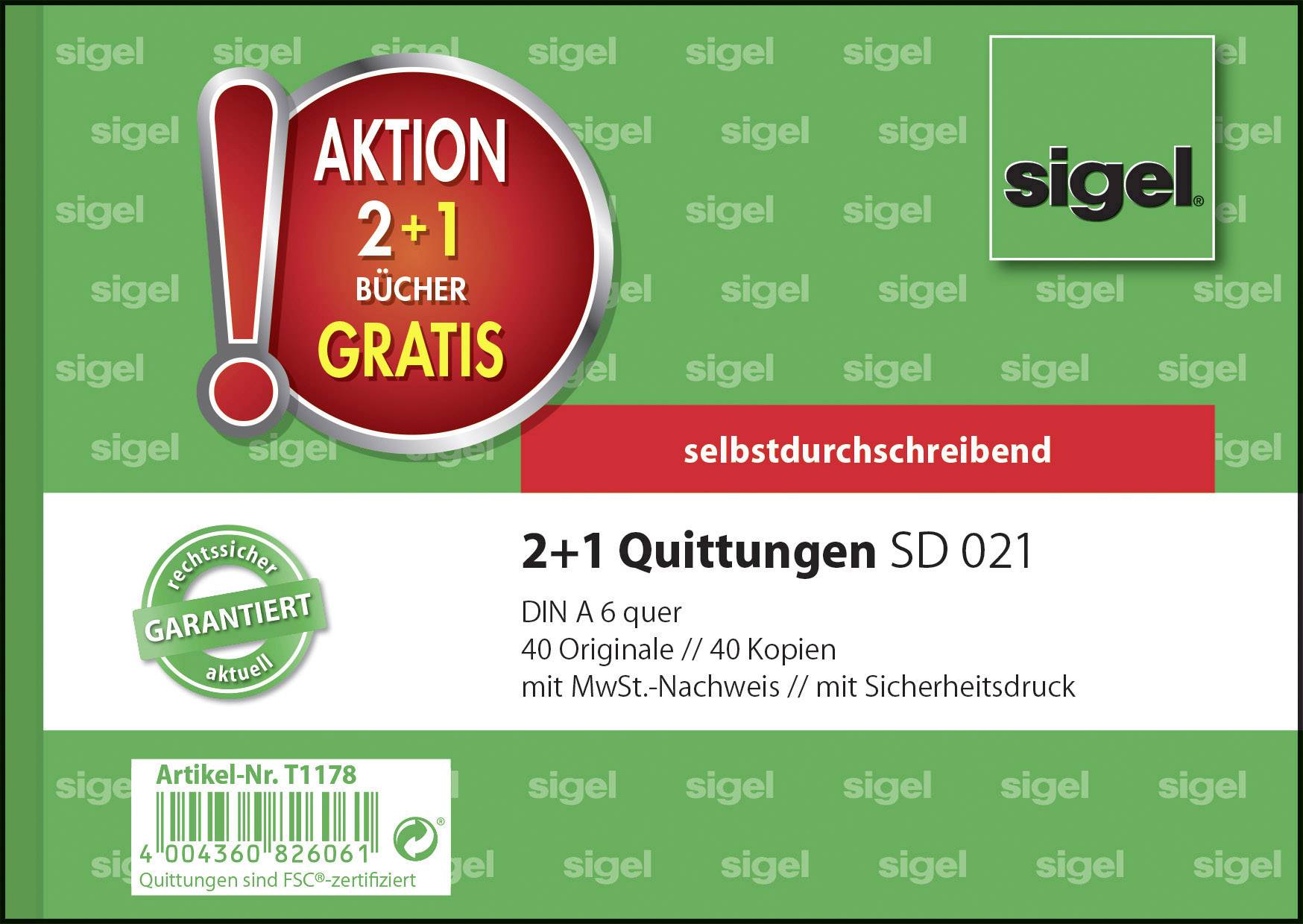 'Aktion 2+1 Bücher gratis'. Sigel-Logo. Packung 'selbstdurchschreibend' 40 Quittungen, DIN A6, mit Sicherheitsdruck. Artikel-Nr. T1178.