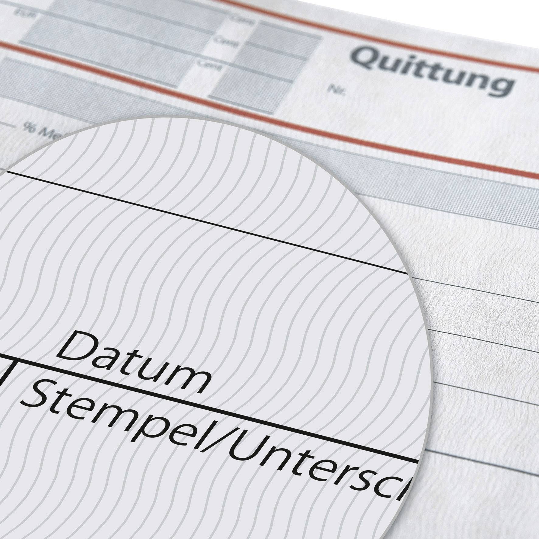 'Datum, Stempel/Unterschrift' auf grauem Kreis einer Quittung hervorgehoben. Oben steht 'Quittung'. Dokument zeigt allgemeine Struktur einer Quittung.